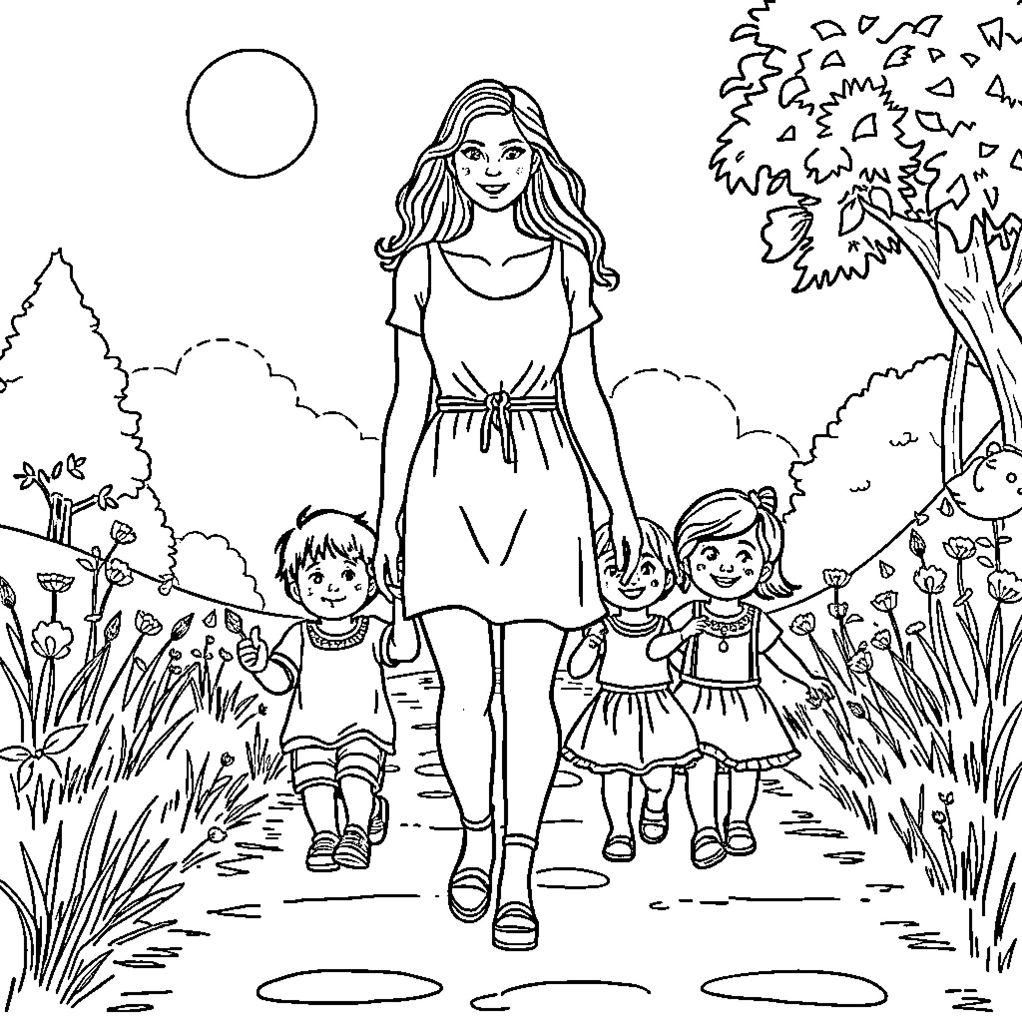 Mum and her children walking in the nature Coloring Page (free black-and-white line drawing printable PDF for all, from beginners to advanced learners, including children, teens, adults, and seniors)