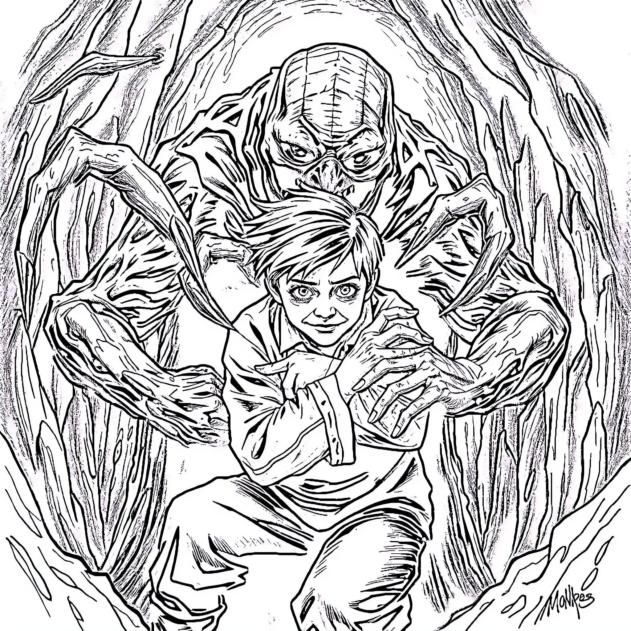 Eleven faces the sinister entity in the forest Coloring Page (free black-and-white line drawing printable PDF for all, from beginners to advanced learners, including children, teens, adults, and seniors)
