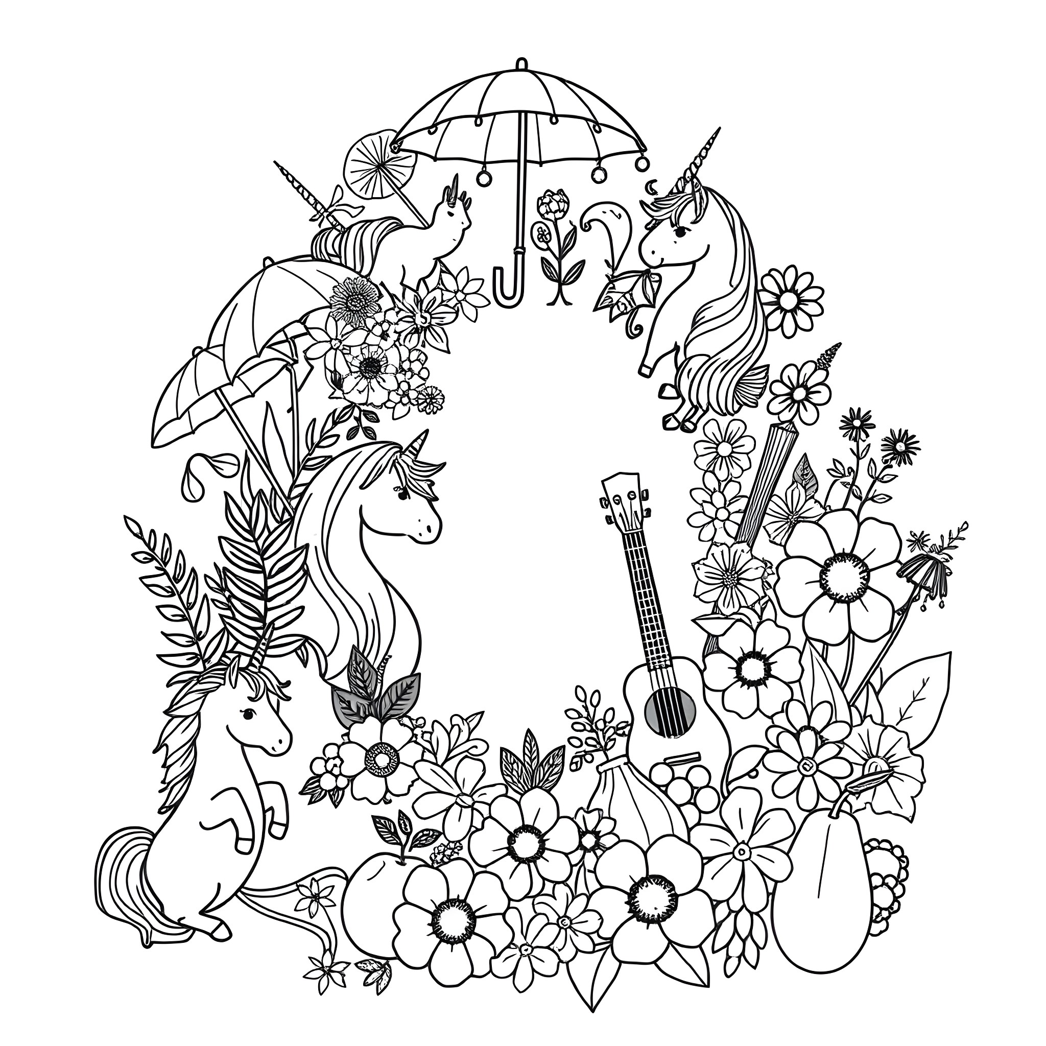 Letter U with Flowers, Umbrellas, and Unicorns Coloring Page (free black-and-white line drawing printable PDF for all, from beginners to advanced learners, including children, teens, adults, and seniors)