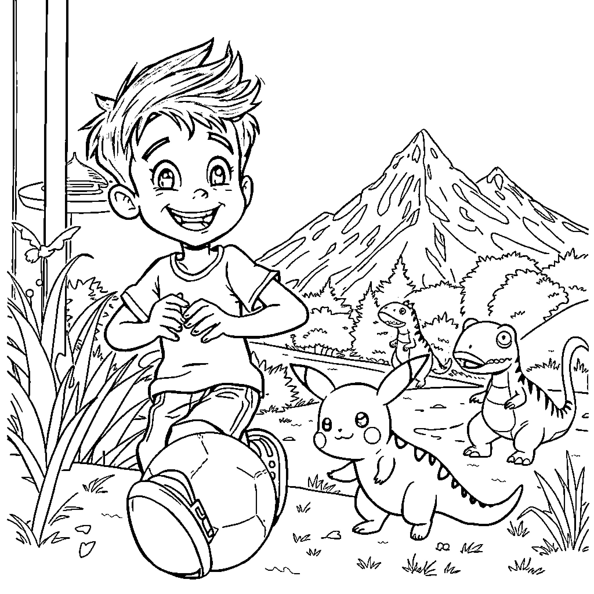 Child playing with fantasy creatures in the wilderness Coloring Page (free black-and-white line drawing printable PDF for all, from beginners to advanced learners, including children, teens, adults, and seniors)