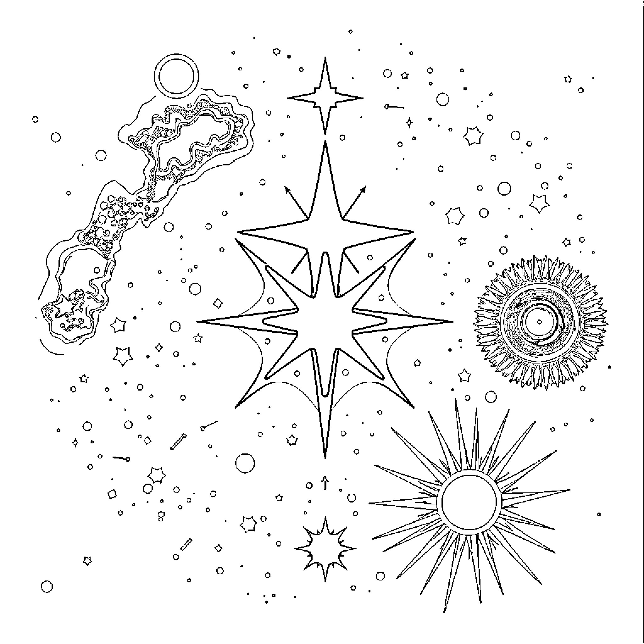 Star-filled Celestial Design Coloring Page (free black-and-white line drawing printable PDF for all, from beginners to advanced learners, including children, teens, adults, and seniors)