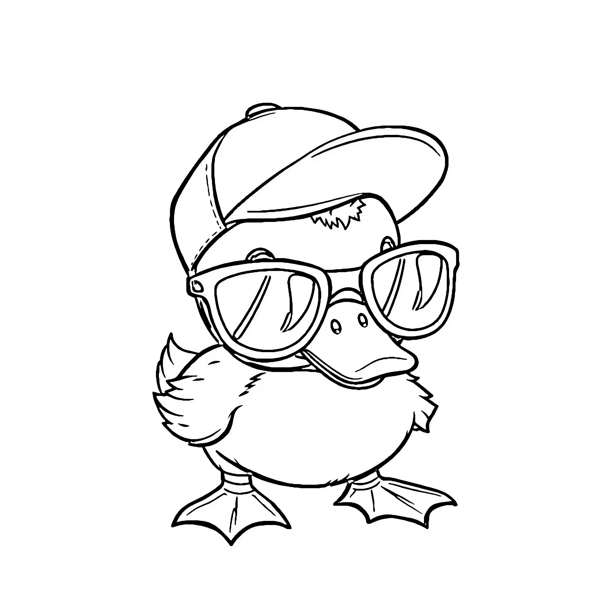 Duck wearing sunglasses and a baseball cap Coloring Page (free black-and-white line drawing printable PDF for all, from beginners to advanced learners, including children, teens, adults, and seniors)