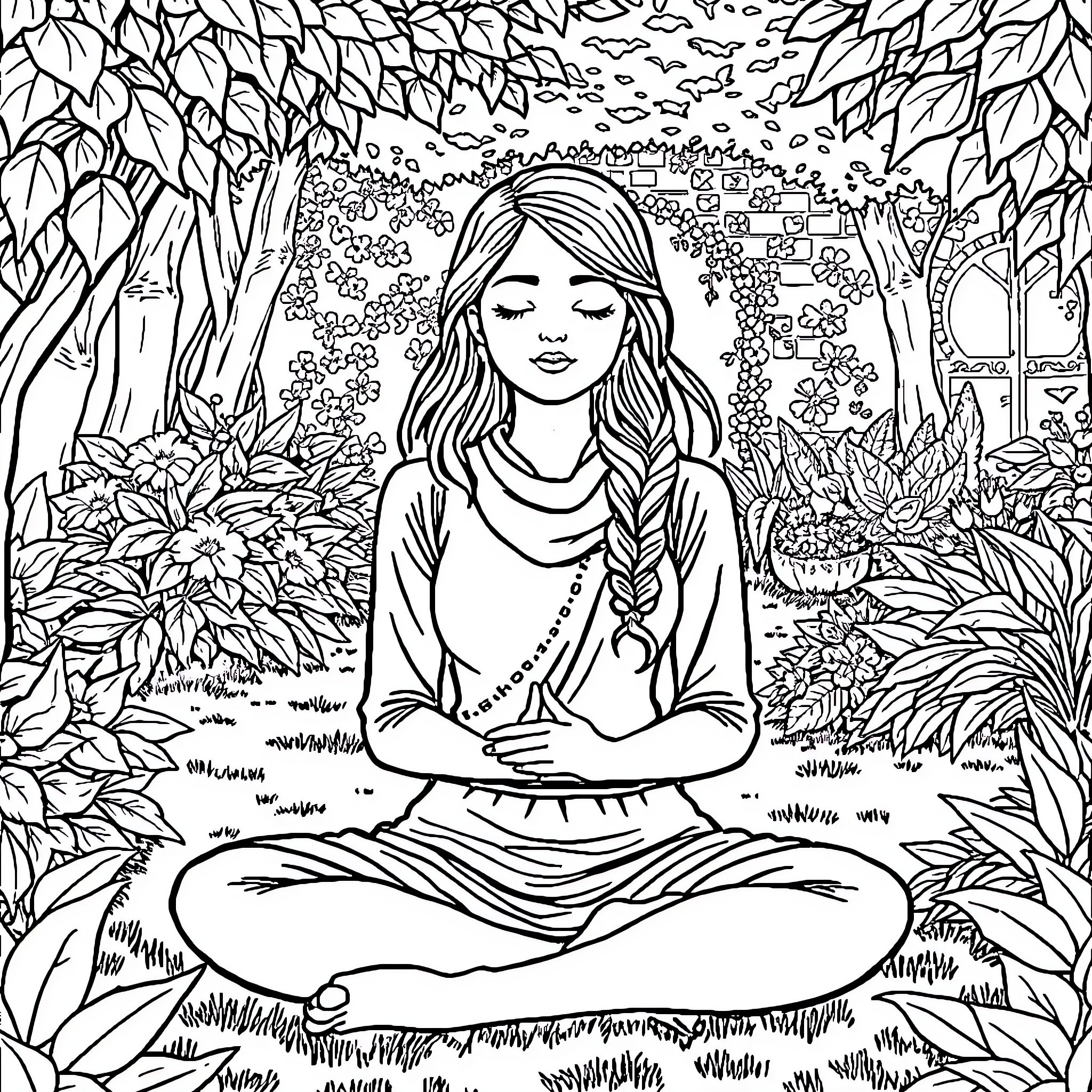 Heidi's serene meditation in the enchanted forest Coloring Page (free black-and-white line drawing printable PDF for all, from beginners to advanced learners, including children, teens, adults, and seniors)