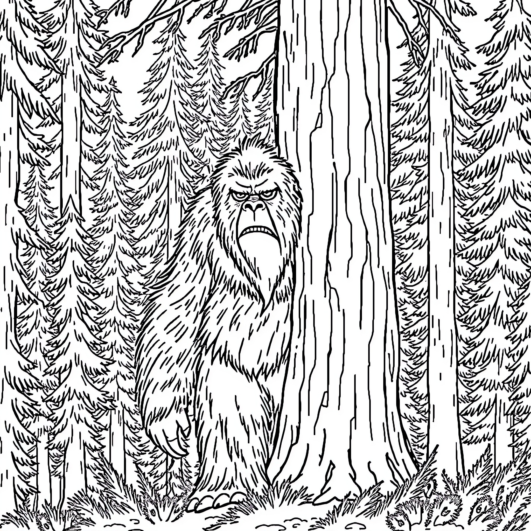 Sasquatch roaring in the wilderness Coloring Page (free black-and-white line drawing printable PDF for all, from beginners to advanced learners, including children, teens, adults, and seniors)