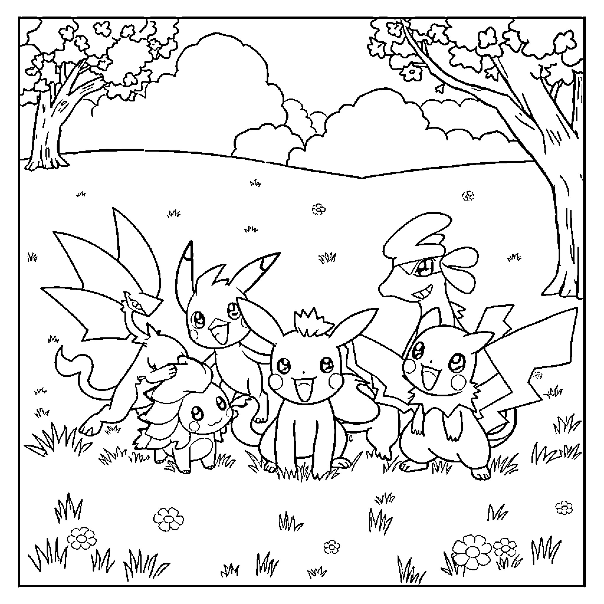 Pokémon characters playing in the forest Coloring Page (free black-and-white line drawing printable PDF for all, from beginners to advanced learners, including children, teens, adults, and seniors)