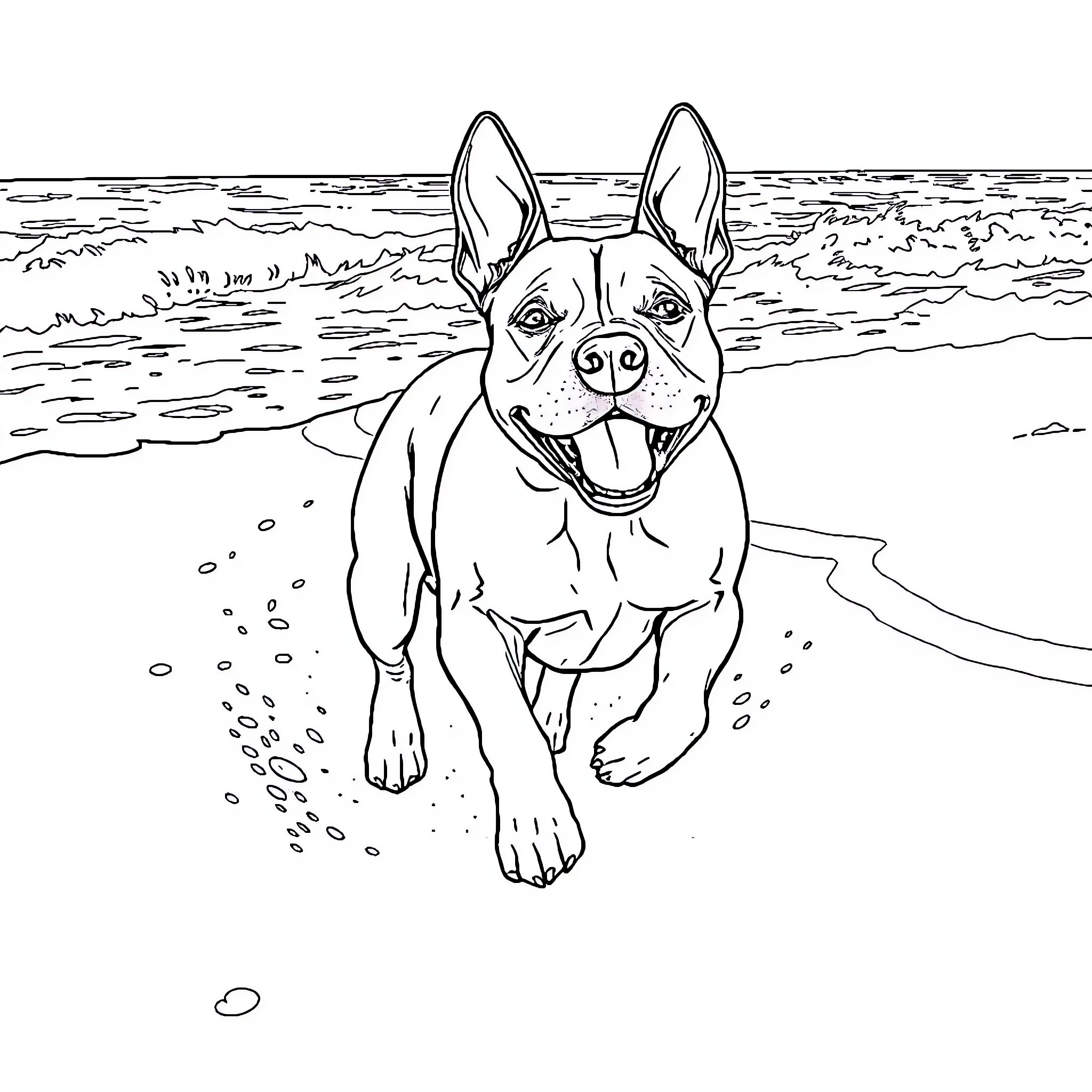Bull Terrier playing joyfully on the beach Coloring Page (free black-and-white line drawing printable PDF for all, from beginners to advanced learners, including children, teens, adults, and seniors)