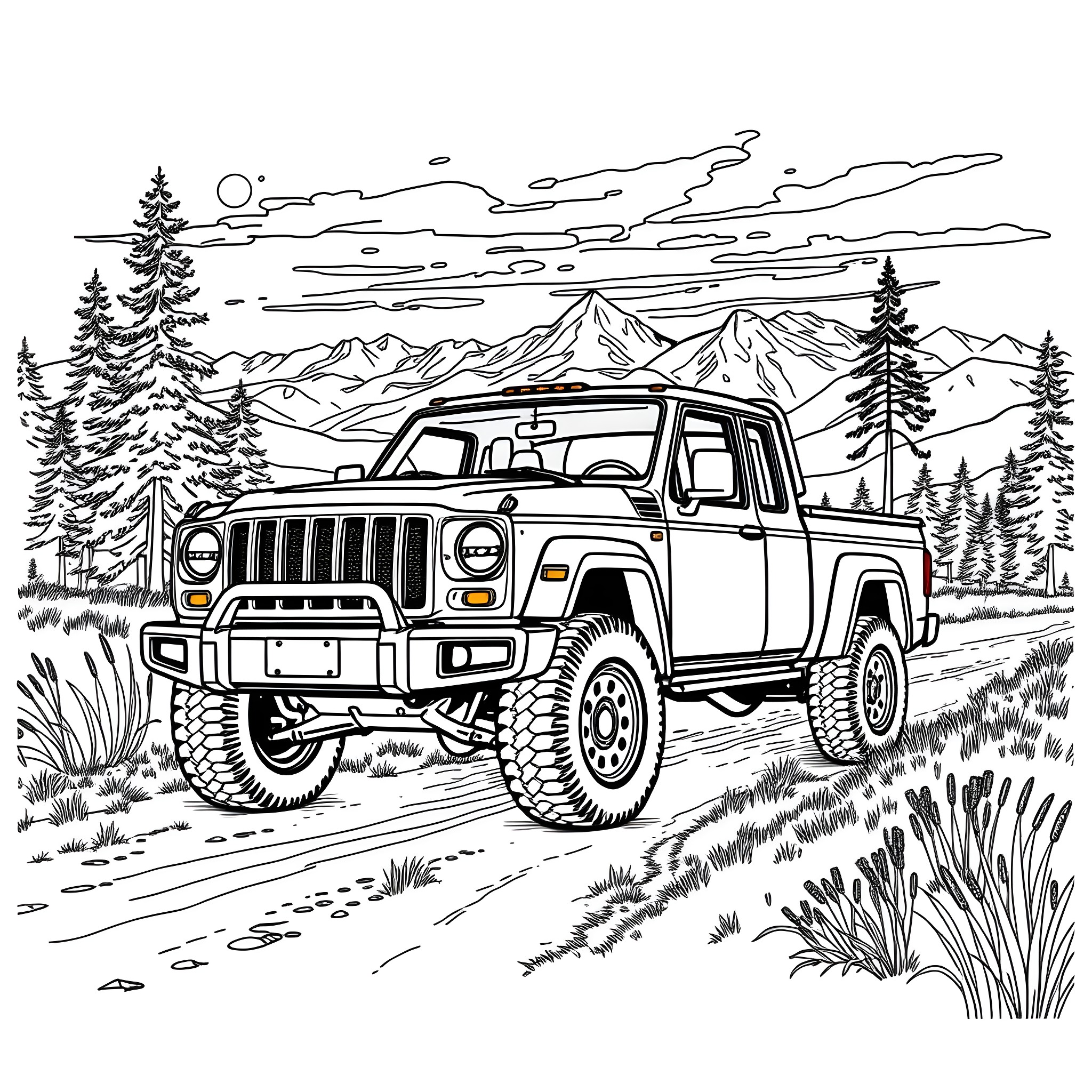 Pick Up Truck Traversing Rocky Mountain Landscape Coloring Page (free black-and-white line drawing printable PDF for all, from beginners to advanced learners, including children, teens, adults, and seniors)