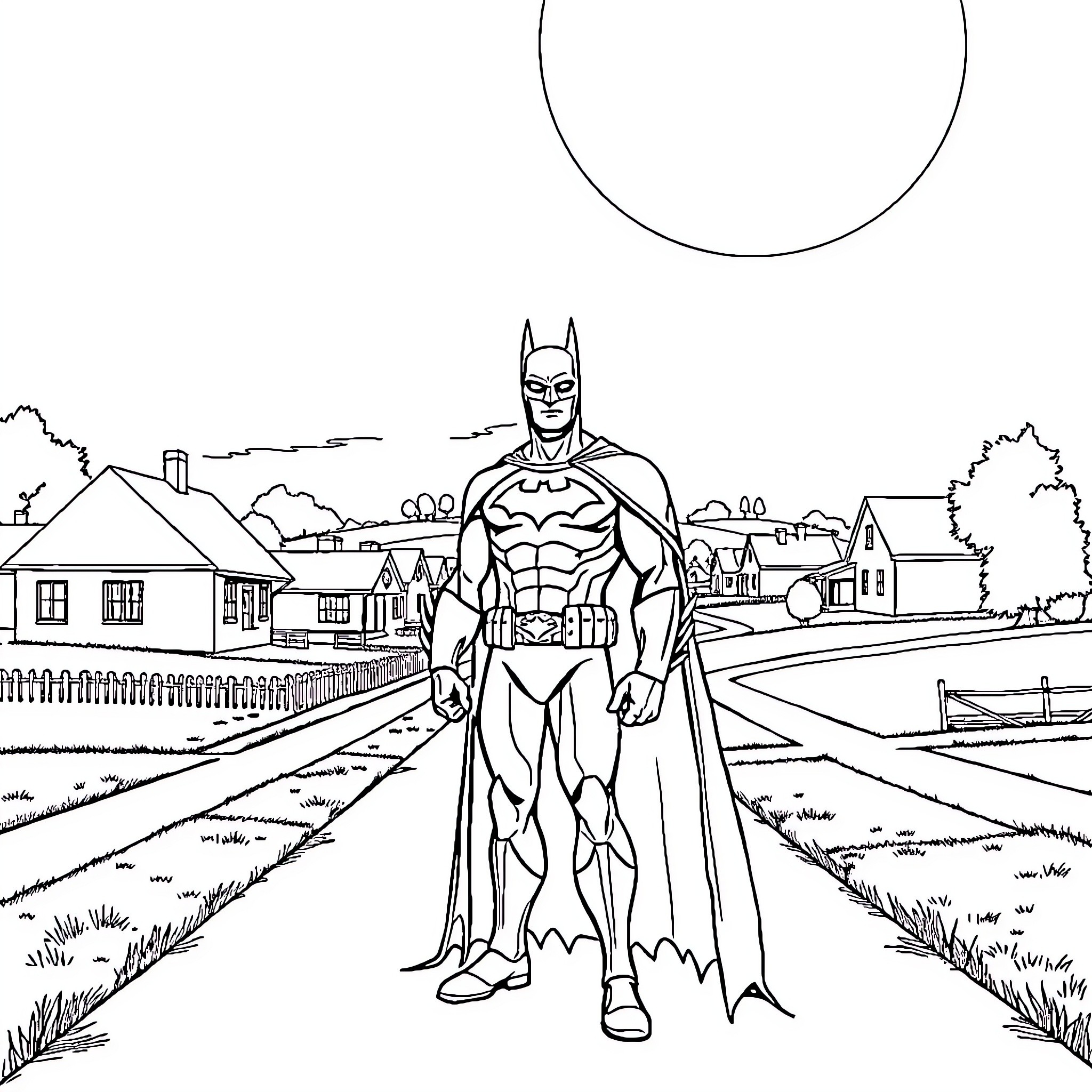 Batman surveying the city from a suburban neighborhood Coloring Page (free black-and-white line drawing printable PDF for all, from beginners to advanced learners, including children, teens, adults, and seniors)