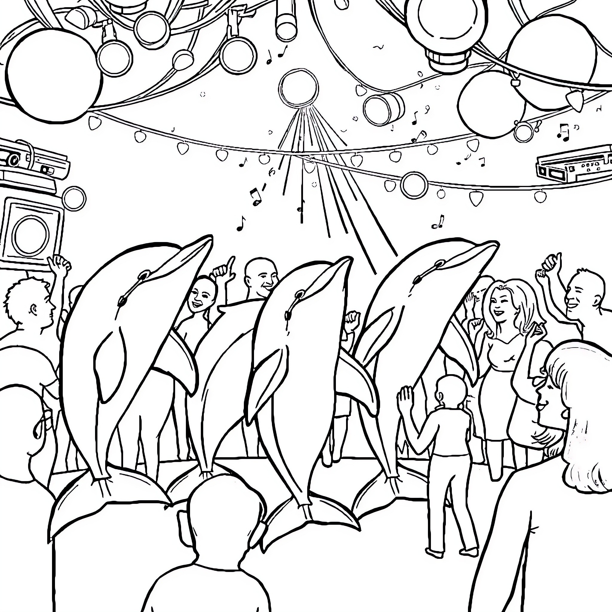 Dolphin dancing at a lively party with humans Coloring Page (free black-and-white line drawing printable PDF for all, from beginners to advanced learners, including children, teens, adults, and seniors)