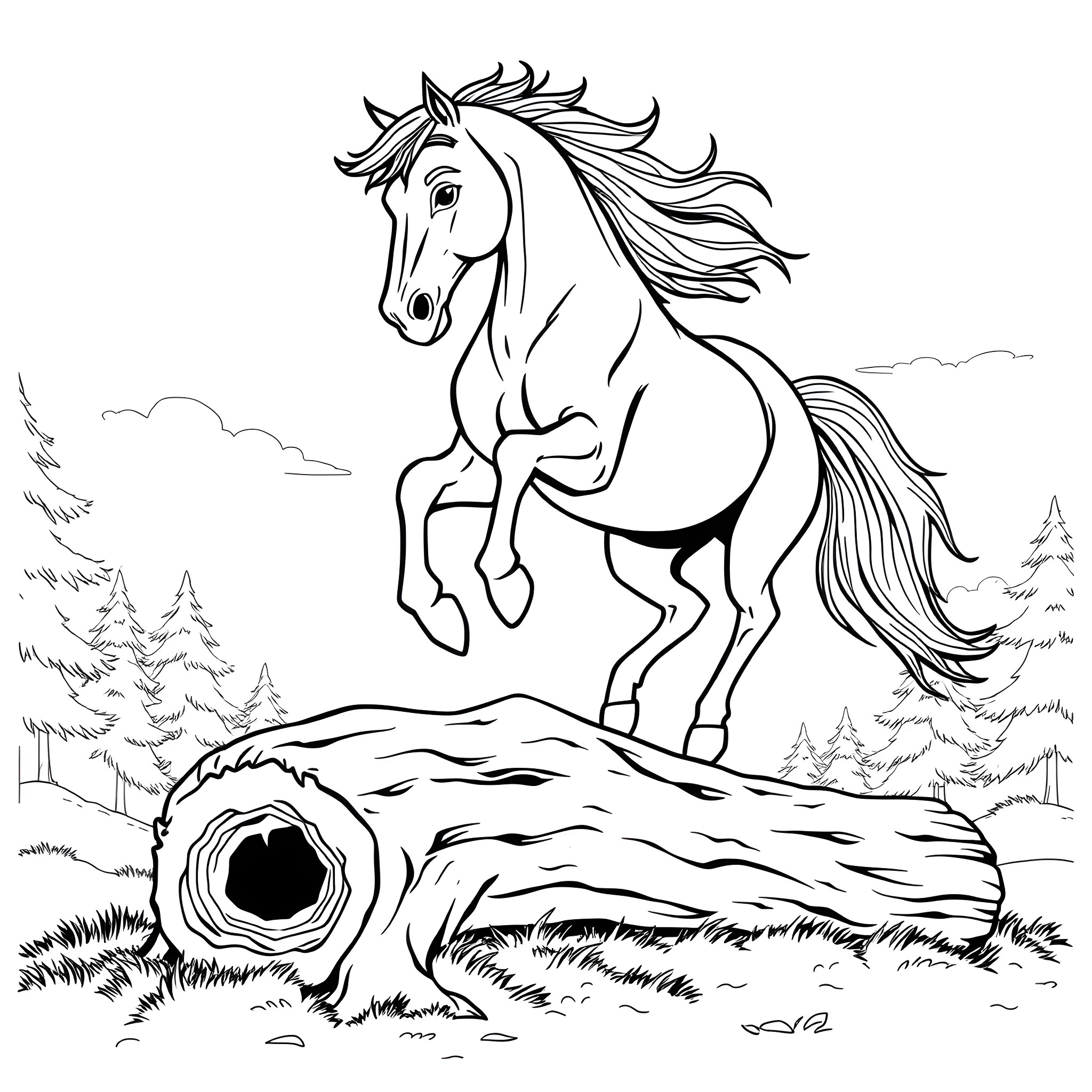 Horse galloping through snowy forest landscape Coloring Page (free black-and-white line drawing printable PDF for all, from beginners to advanced learners, including children, teens, adults, and seniors)