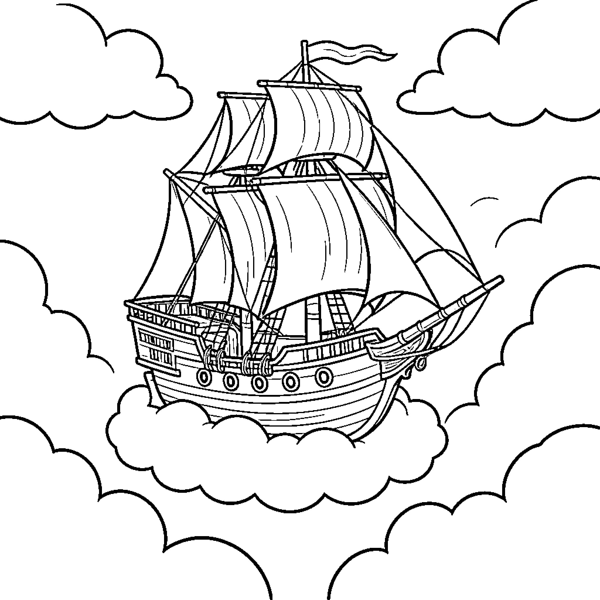Pirate Ship sailing through fluffy clouds in the sky Coloring Page (free black-and-white line drawing printable PDF for all, from beginners to advanced learners, including children, teens, adults, and seniors)