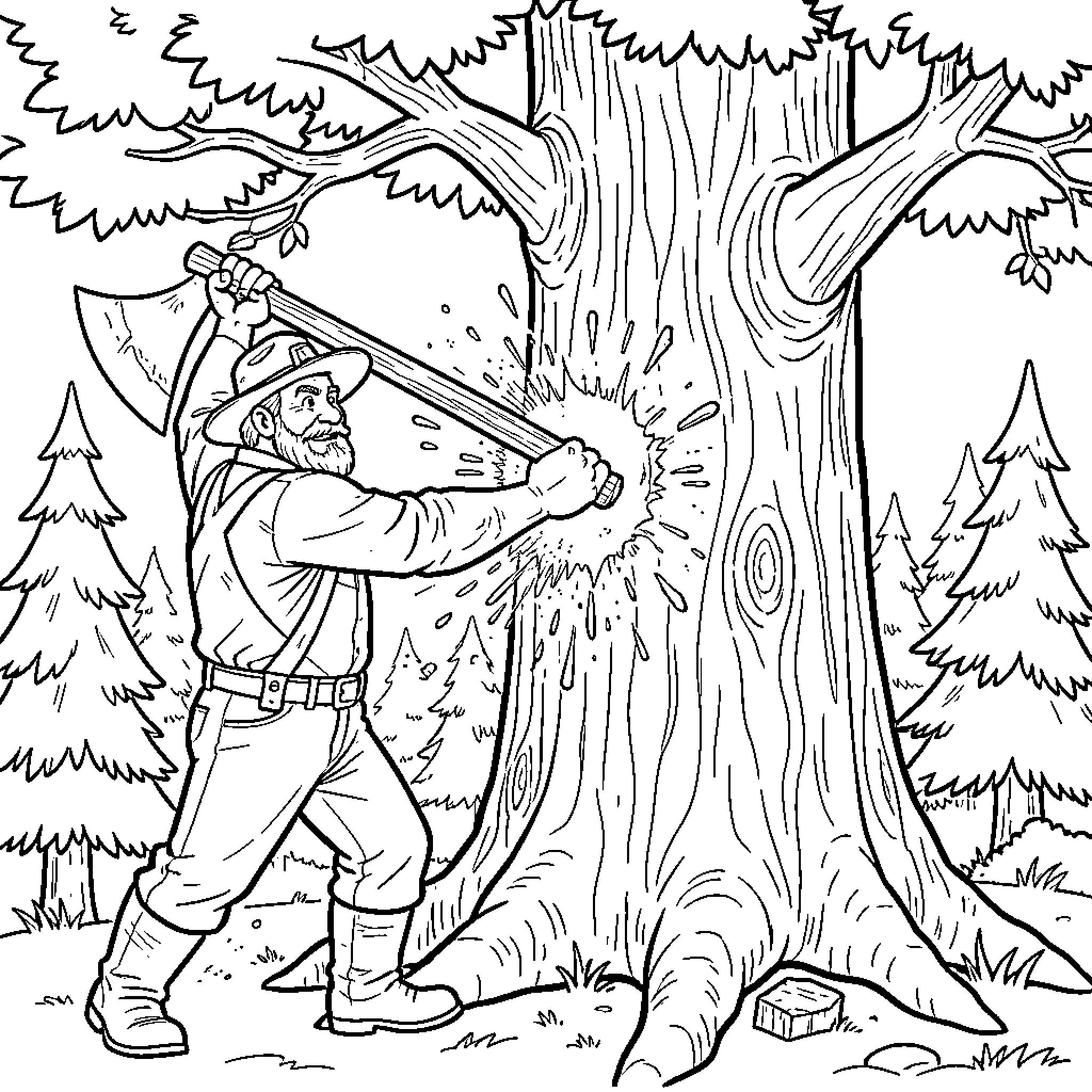 Paul Bunyan Chopping Down a Massive Tree Coloring Page (free black-and-white line drawing printable PDF for all, from beginners to advanced learners, including children, teens, adults, and seniors)