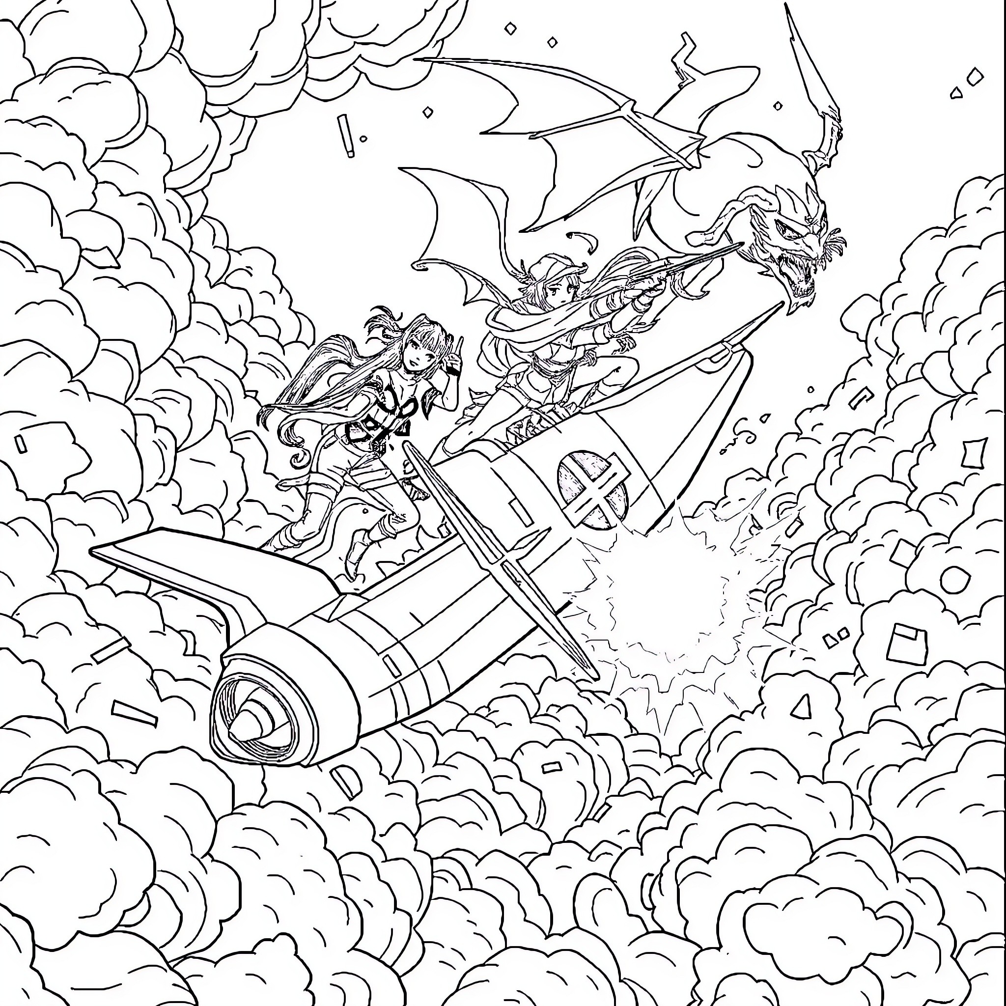 Kpop Warriors Soar Through the Clouds on Winged Machines Coloring Page (free black-and-white line drawing printable PDF for all, from beginners to advanced learners, including children, teens, adults, and seniors)