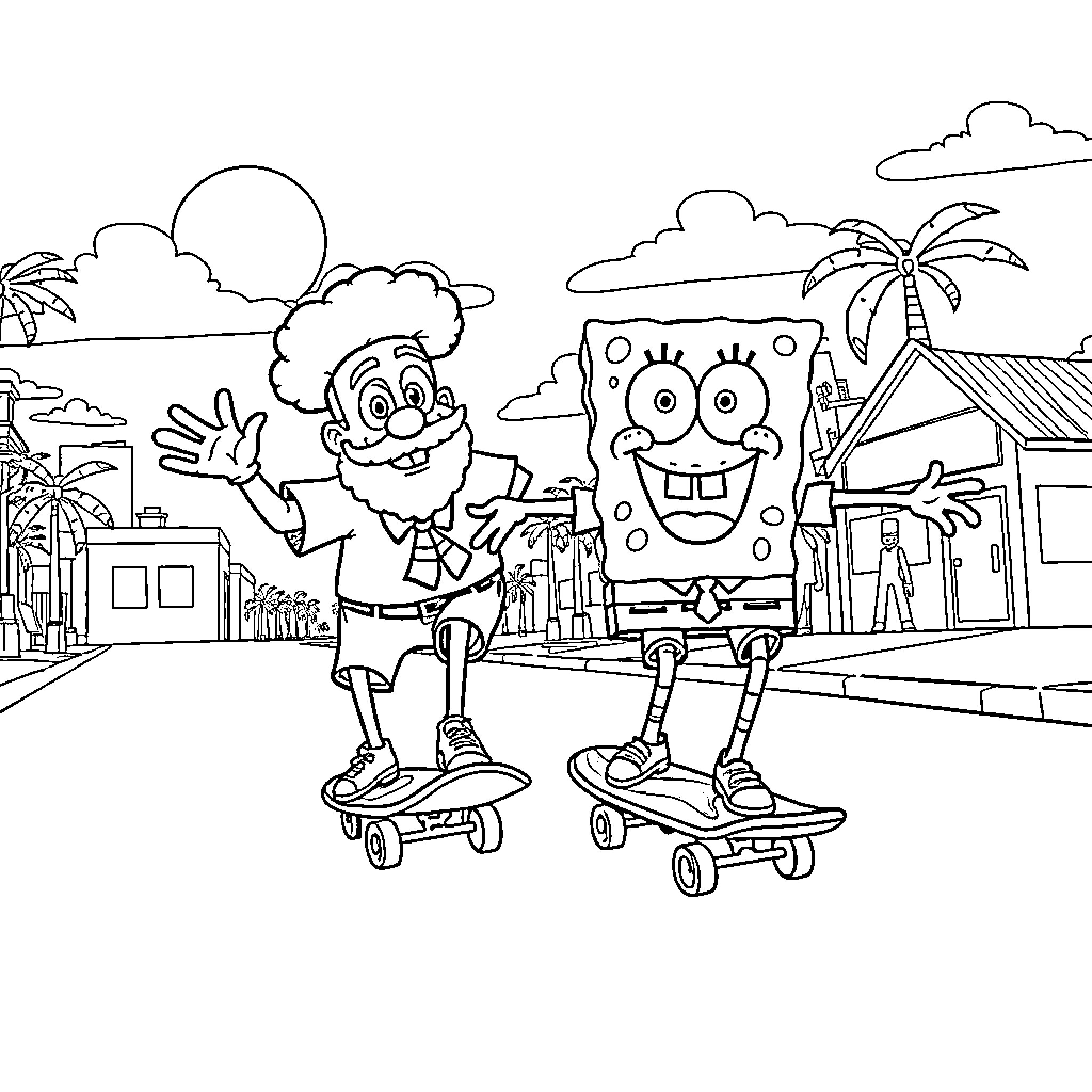 Uncle Grandpa's Skateboarding Adventure on a Tropical Island Coloring Page (free black-and-white line drawing printable PDF for all, from beginners to advanced learners, including children, teens, adults, and seniors)