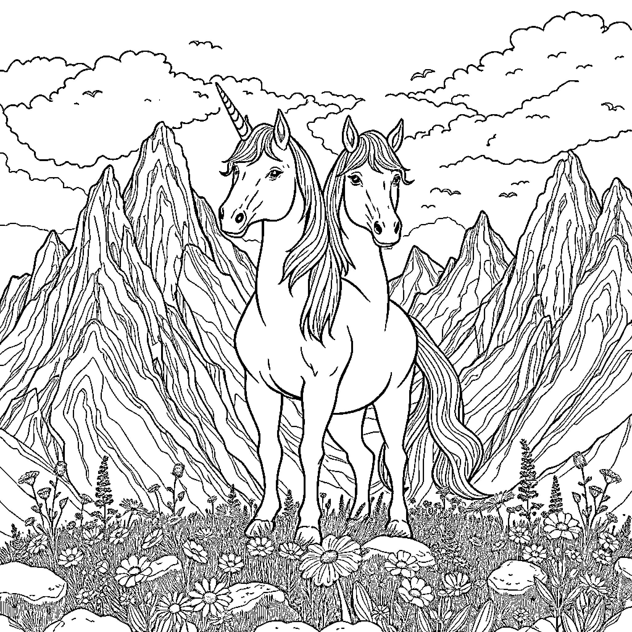 Unicorn Pair Standing Amidst Mountainous Landscape Coloring Page (free black-and-white line drawing printable PDF for all, from beginners to advanced learners, including children, teens, adults, and seniors)