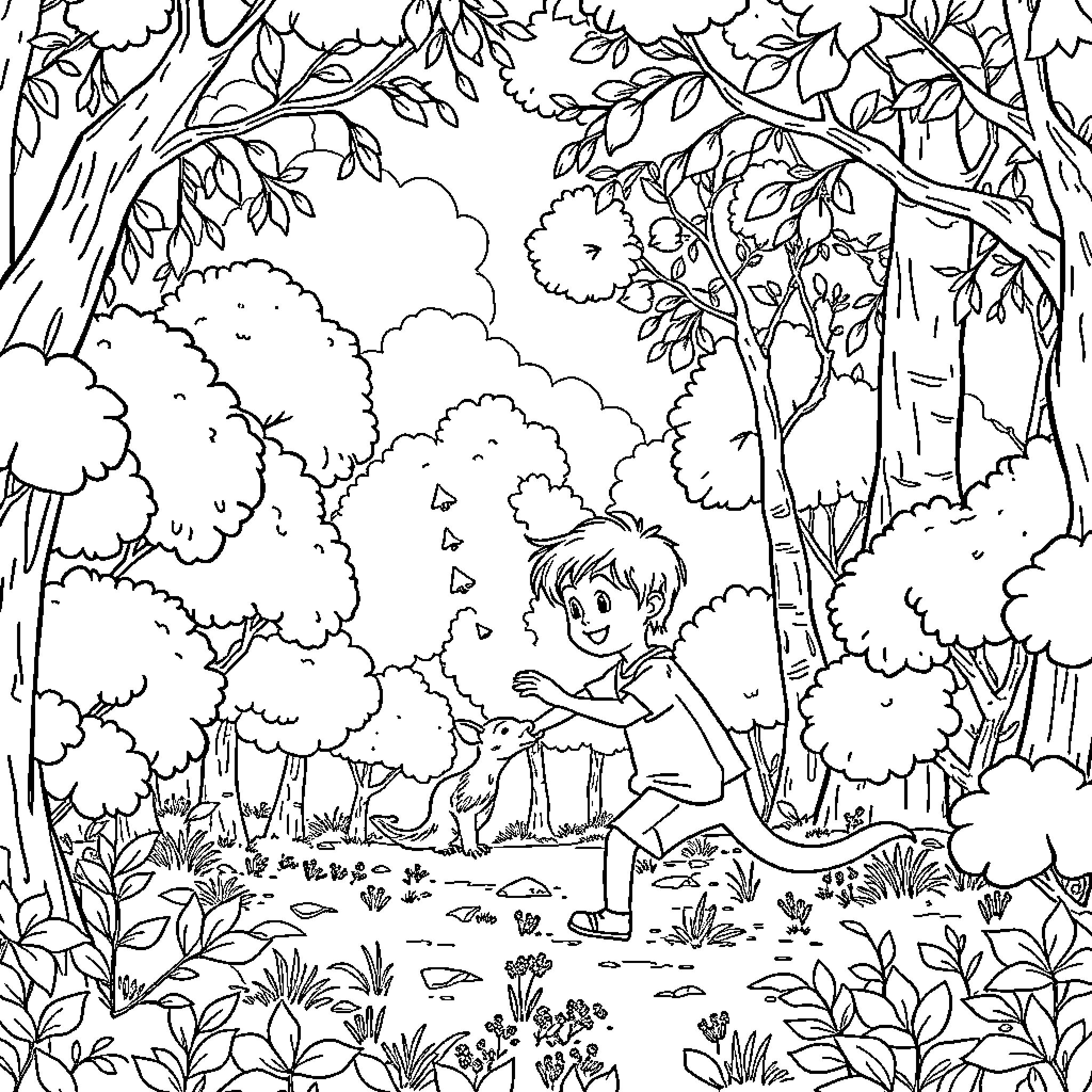 Child exploring the vibrant forest landscape Coloring Page (free black-and-white line drawing printable PDF for all, from beginners to advanced learners, including children, teens, adults, and seniors)