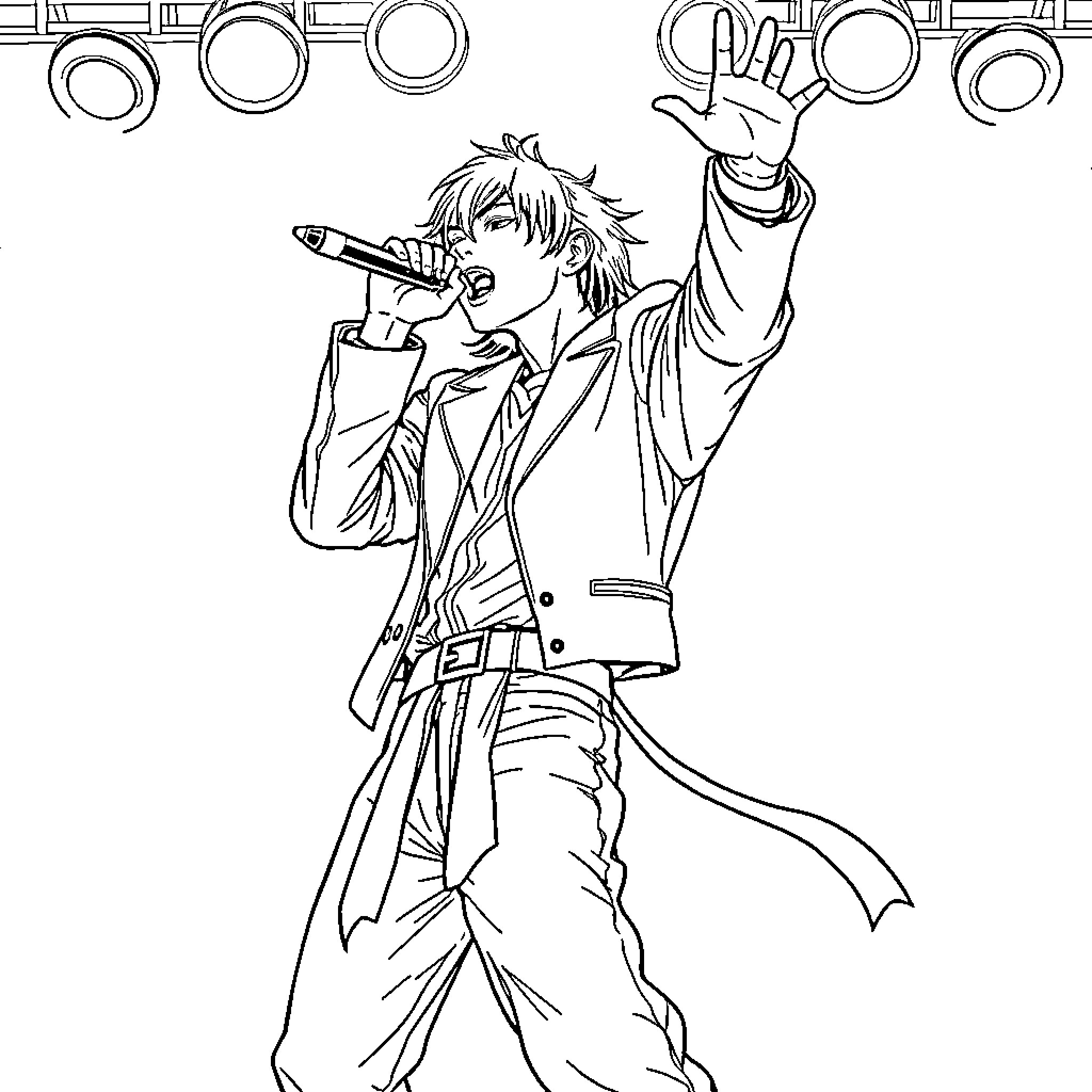 Jinu's Rousing Performance on Stage Coloring Page (free black-and-white line drawing printable PDF for all, from beginners to advanced learners, including children, teens, adults, and seniors)