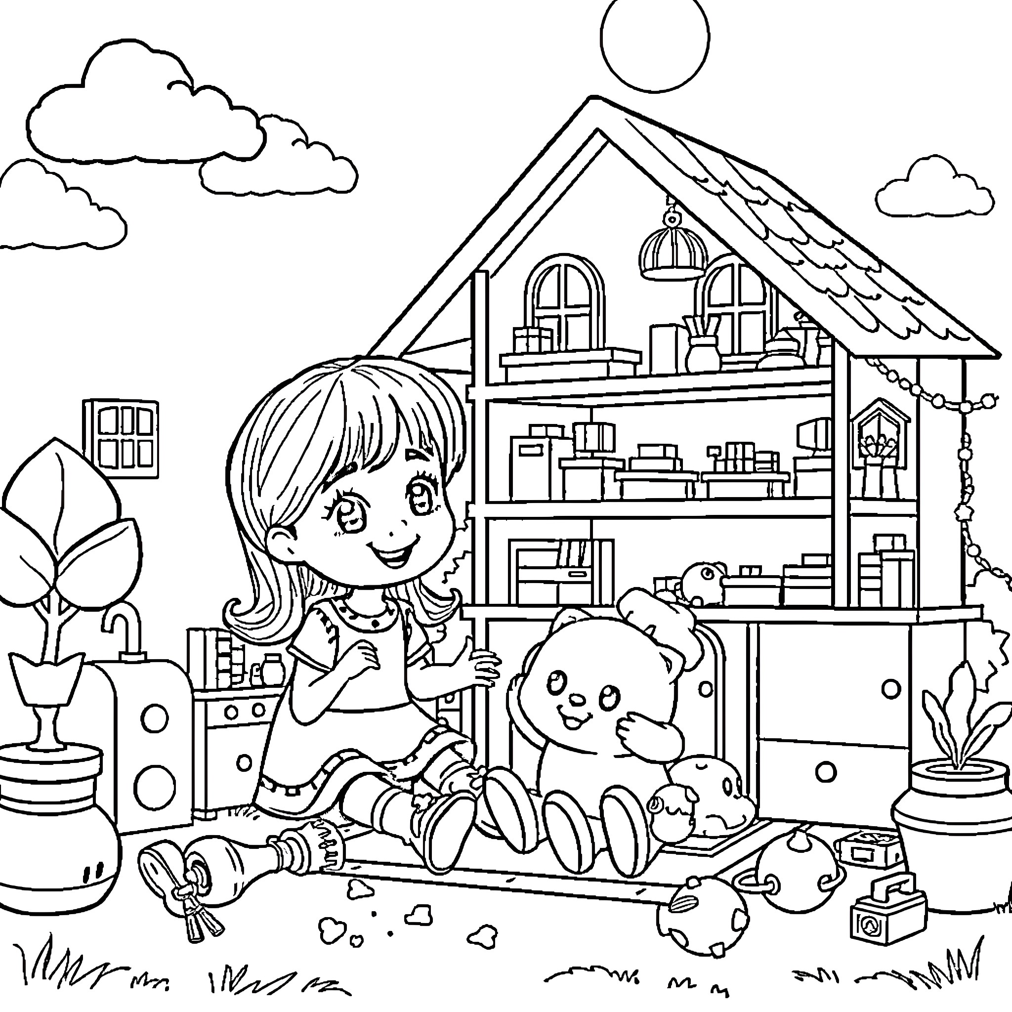 Gabby's Dollhouse - Girl playing with plush toys in a dollhouse Coloring Page (free black-and-white line drawing printable PDF for all, from beginners to advanced learners, including children, teens, adults, and seniors)