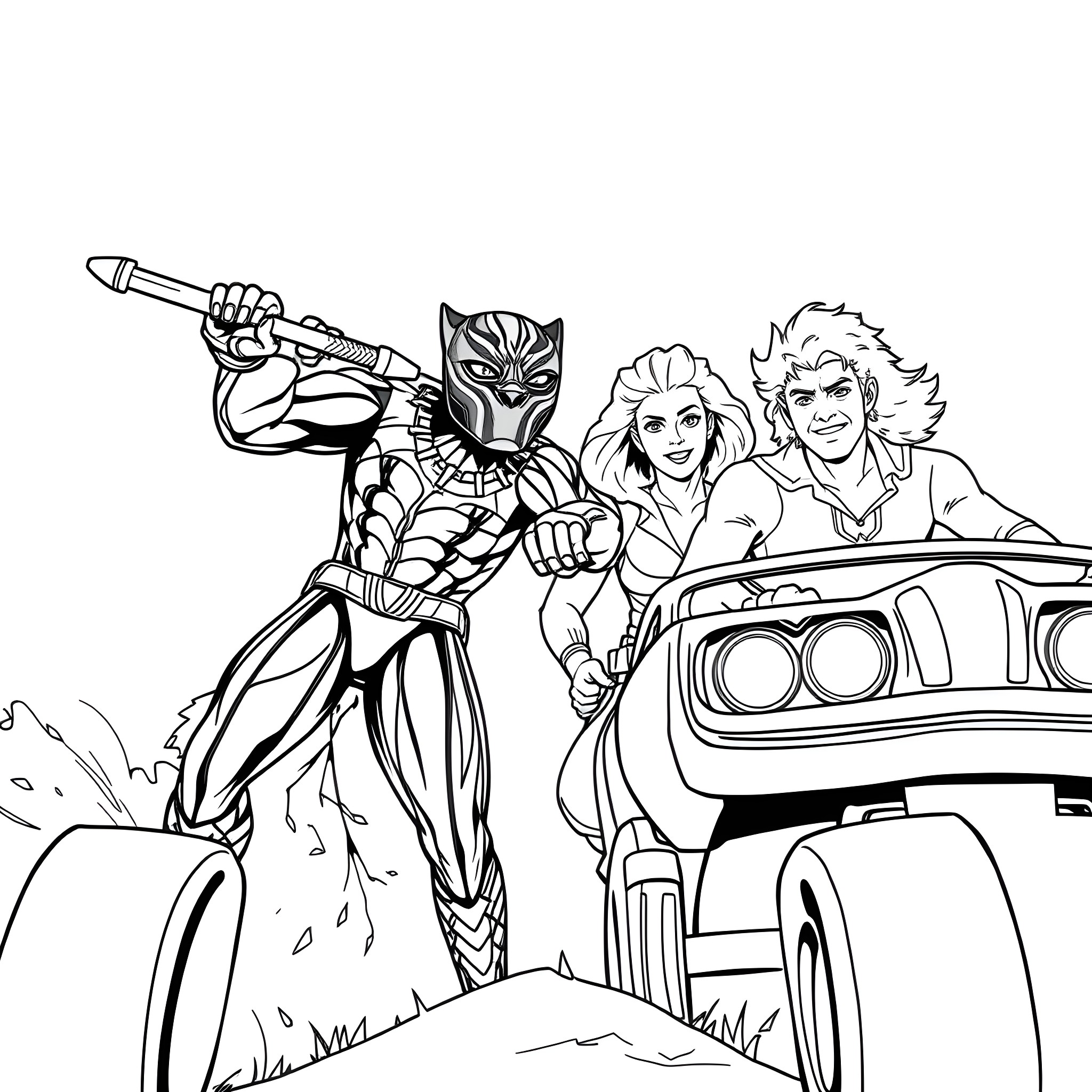 Dukes of Hazzard in action with Black Panther Coloring Page (free black-and-white line drawing printable PDF for all, from beginners to advanced learners, including children, teens, adults, and seniors)