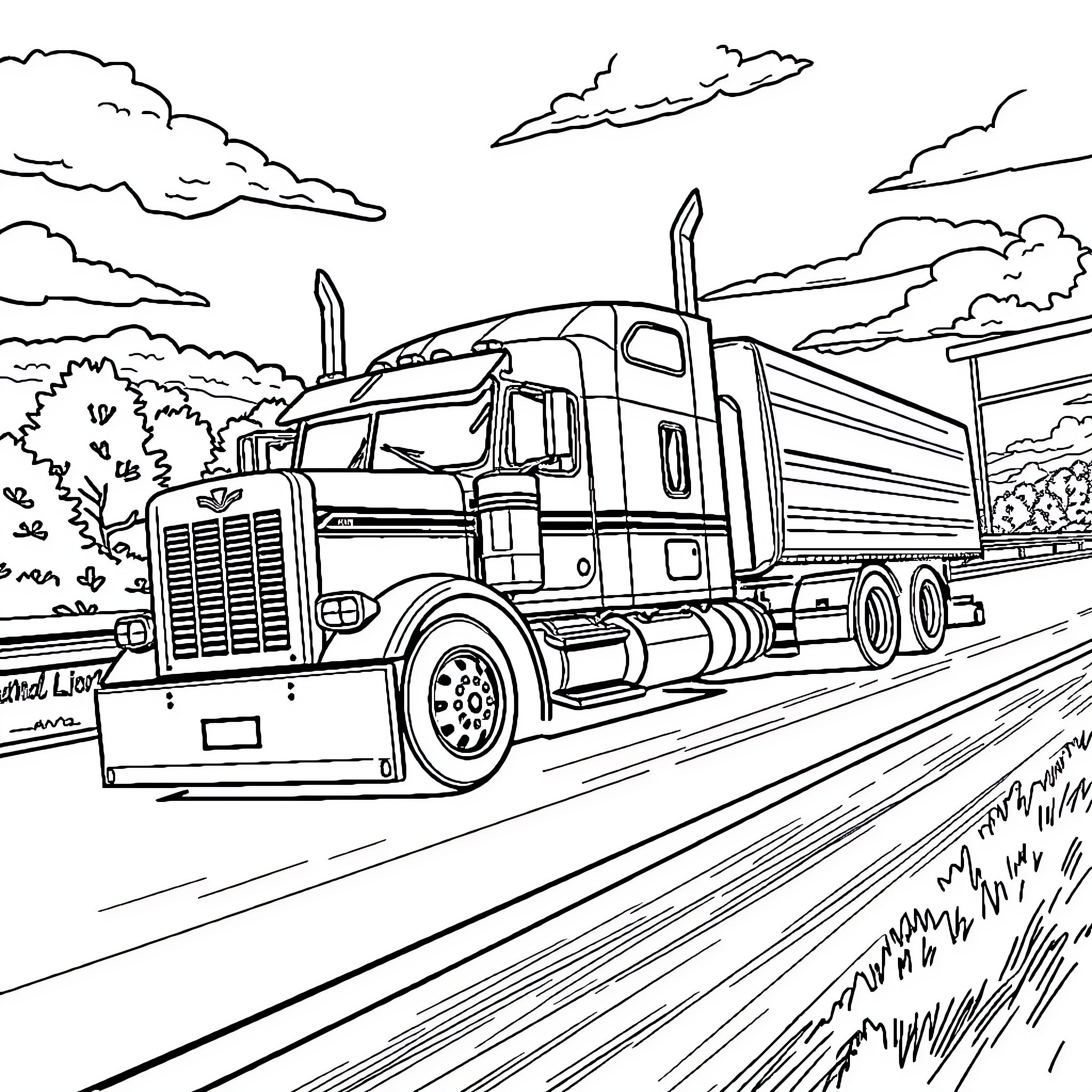 Semi Truck Hauling Cargo on the Open Road Coloring Page (free black-and-white line drawing printable PDF for all, from beginners to advanced learners, including children, teens, adults, and seniors)