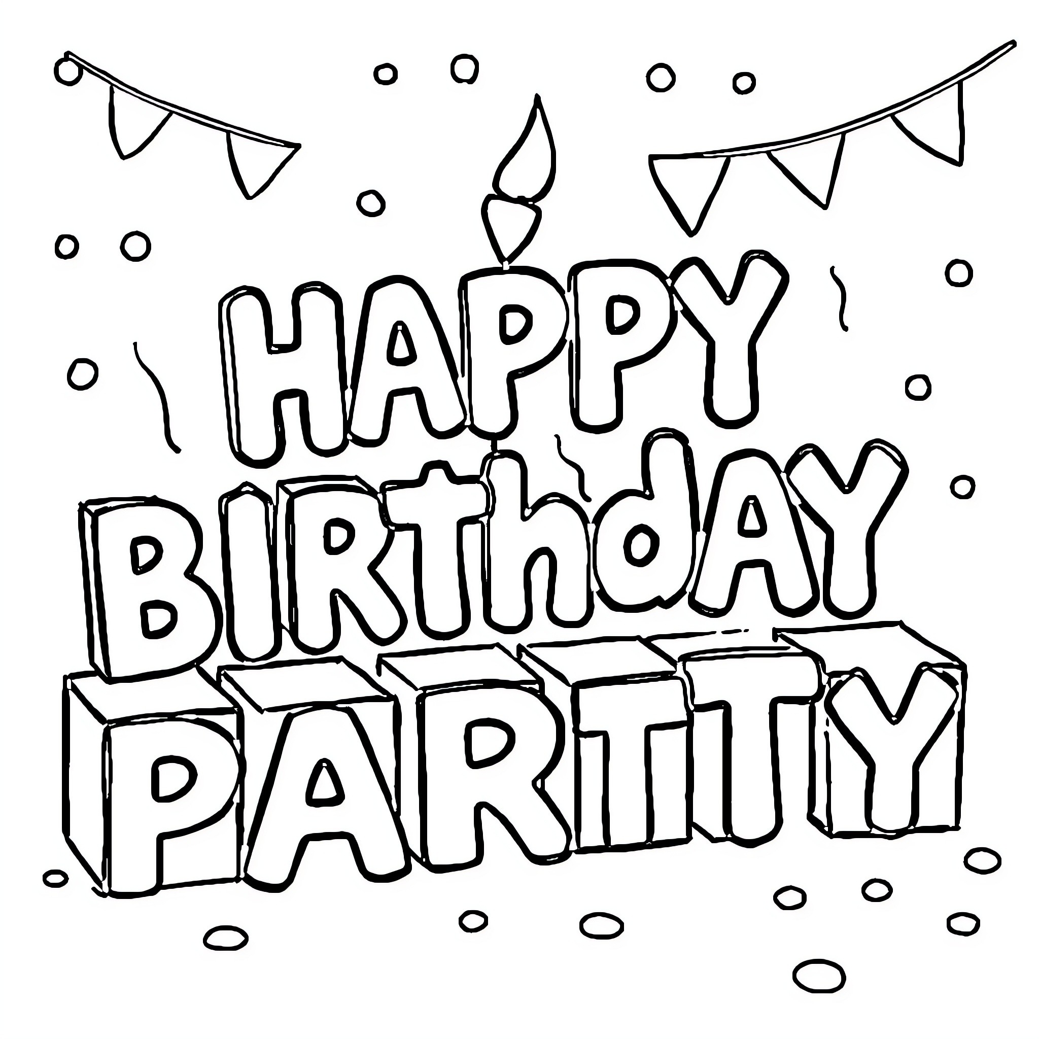 Number Blocks celebrating Happy Birthday Party Coloring Page (free black-and-white line drawing printable PDF for all, from beginners to advanced learners, including children, teens, adults, and seniors)