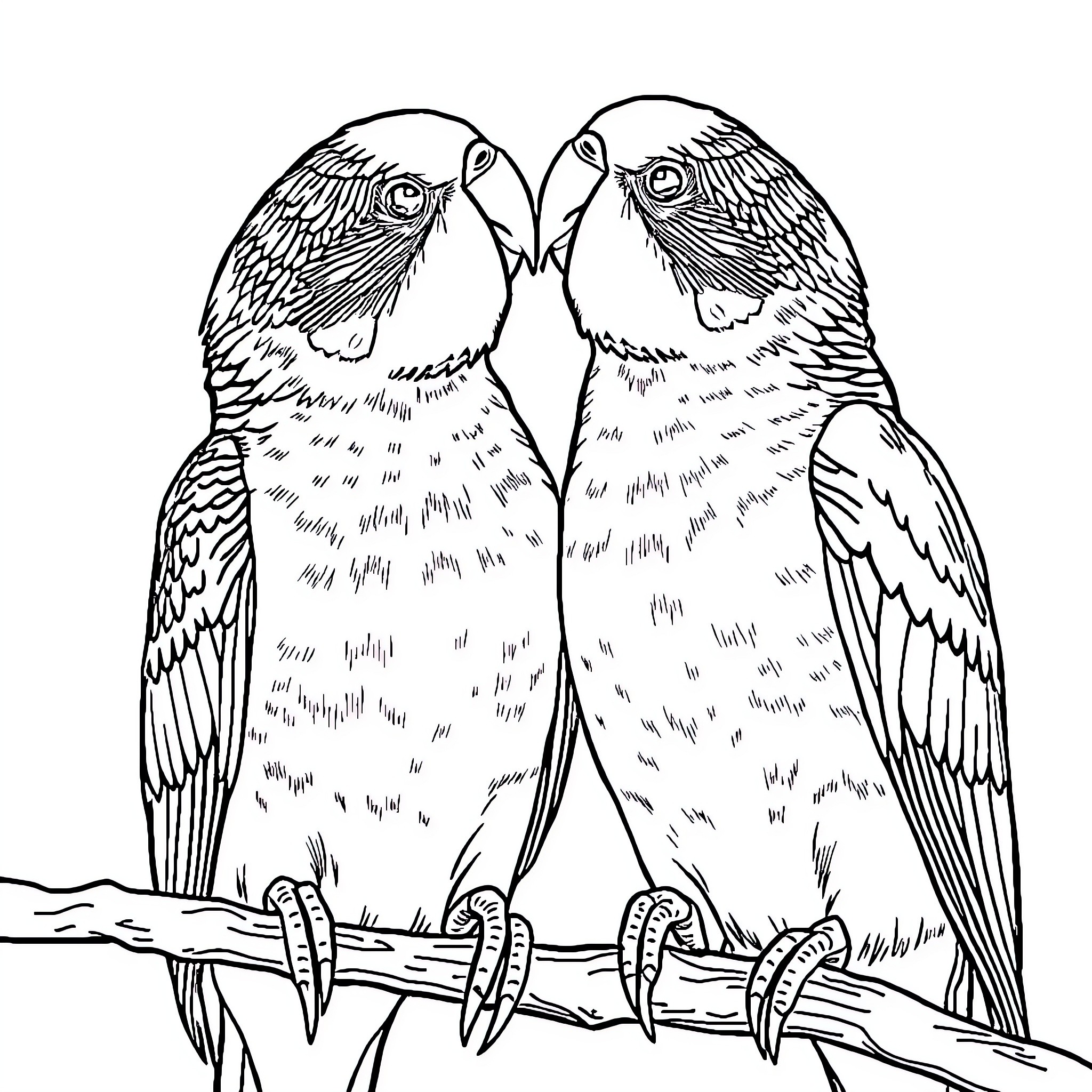Budgie companions perched on a branch Coloring Page (free black-and-white line drawing printable PDF for all, from beginners to advanced learners, including children, teens, adults, and seniors)