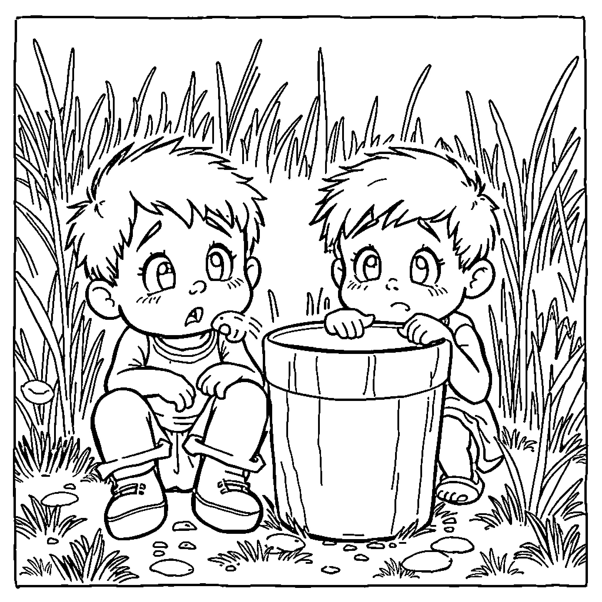 Midget boys playing with toy drum in grassy field Coloring Page (free black-and-white line drawing printable PDF for all, from beginners to advanced learners, including children, teens, adults, and seniors)