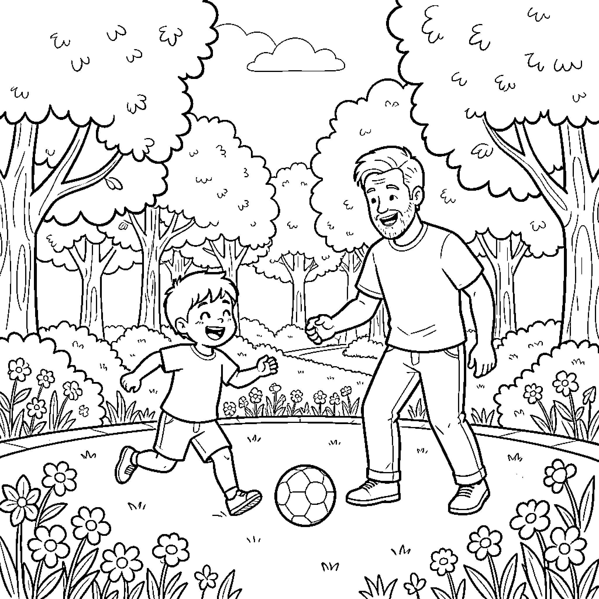 Niño jugando al fútbol con su padre en el parque Coloring Page (free black-and-white line drawing printable PDF for all, from beginners to advanced learners, including children, teens, adults, and seniors)