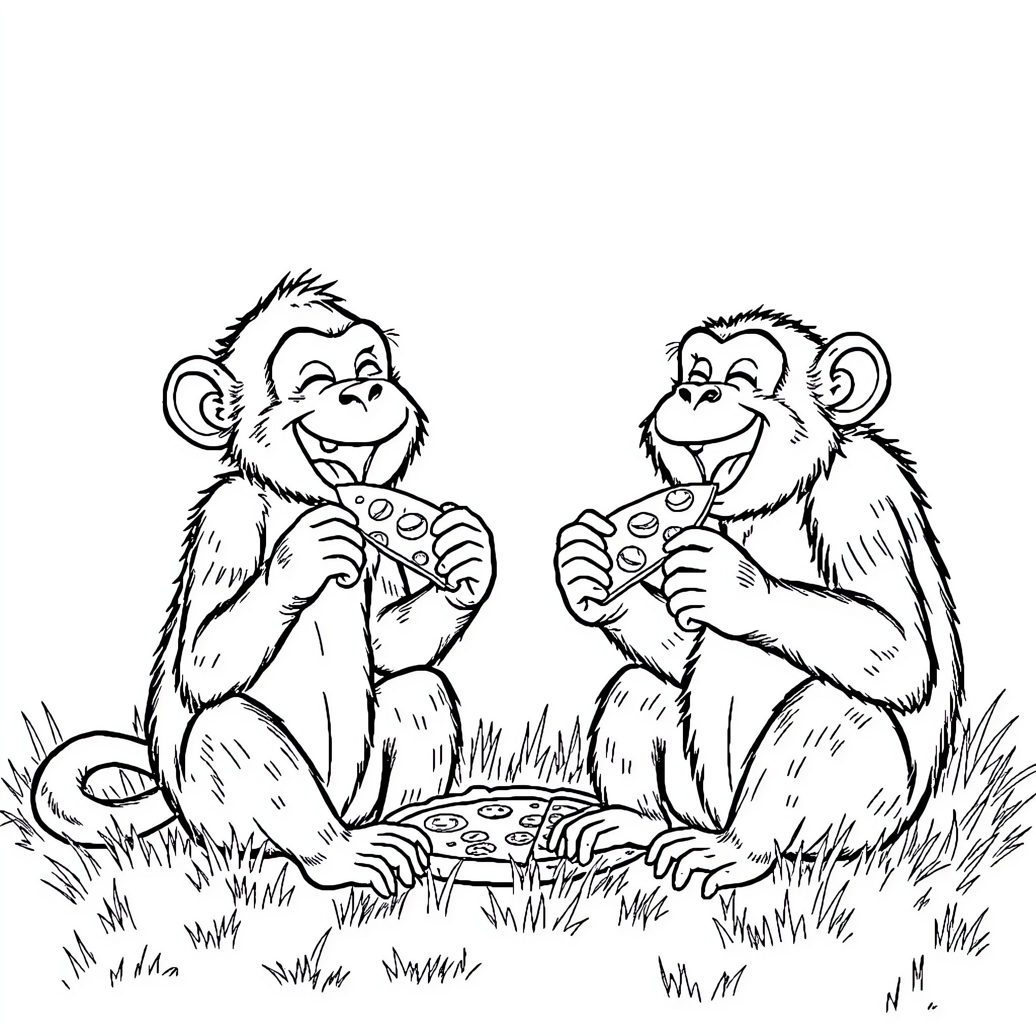 Monkeys sharing a meal in the wild Coloring Page (free black-and-white line drawing printable PDF for all, from beginners to advanced learners, including children, teens, adults, and seniors)