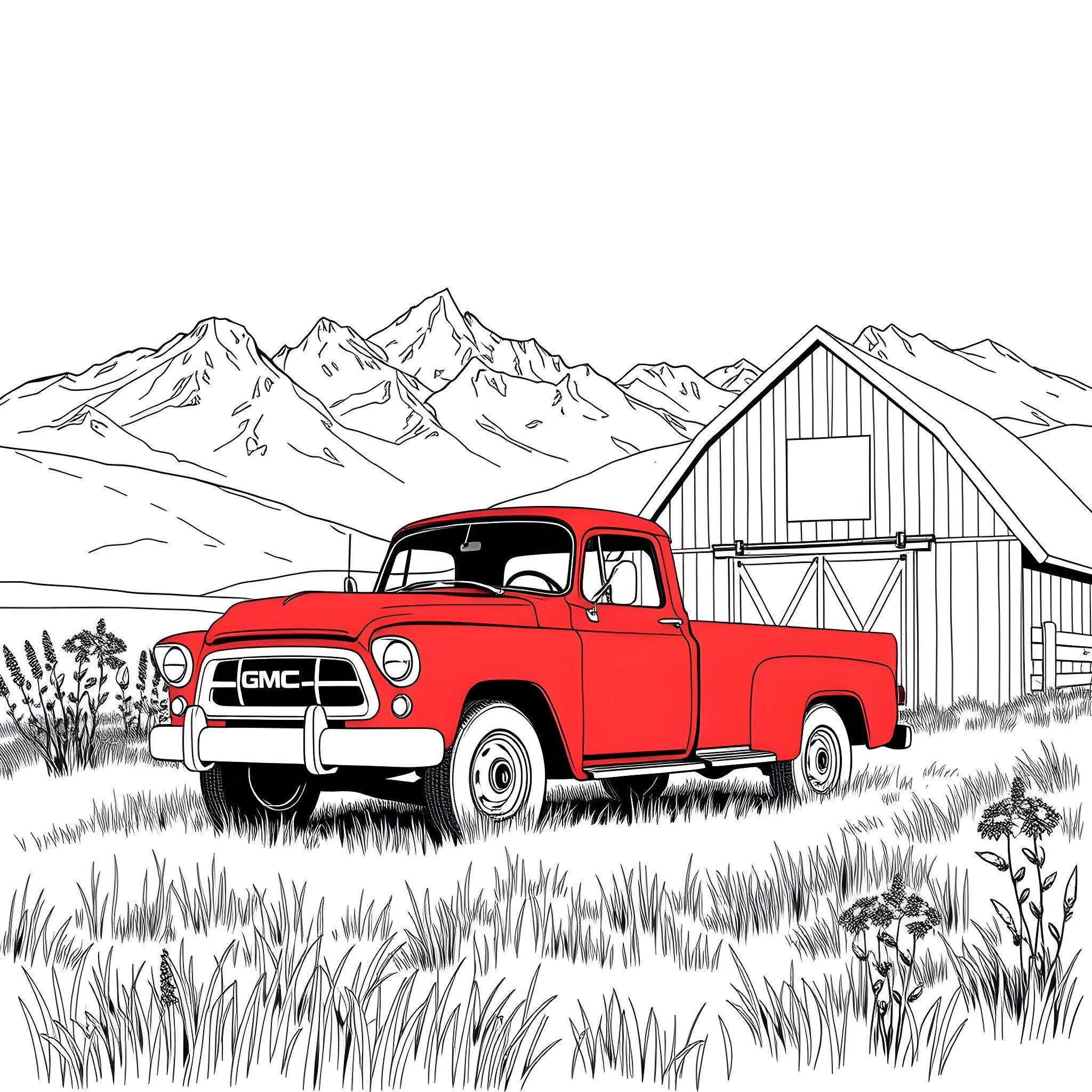 GMC vintage truck in scenic mountain landscape Coloring Page (free black-and-white line drawing printable PDF for all, from beginners to advanced learners, including children, teens, adults, and seniors)