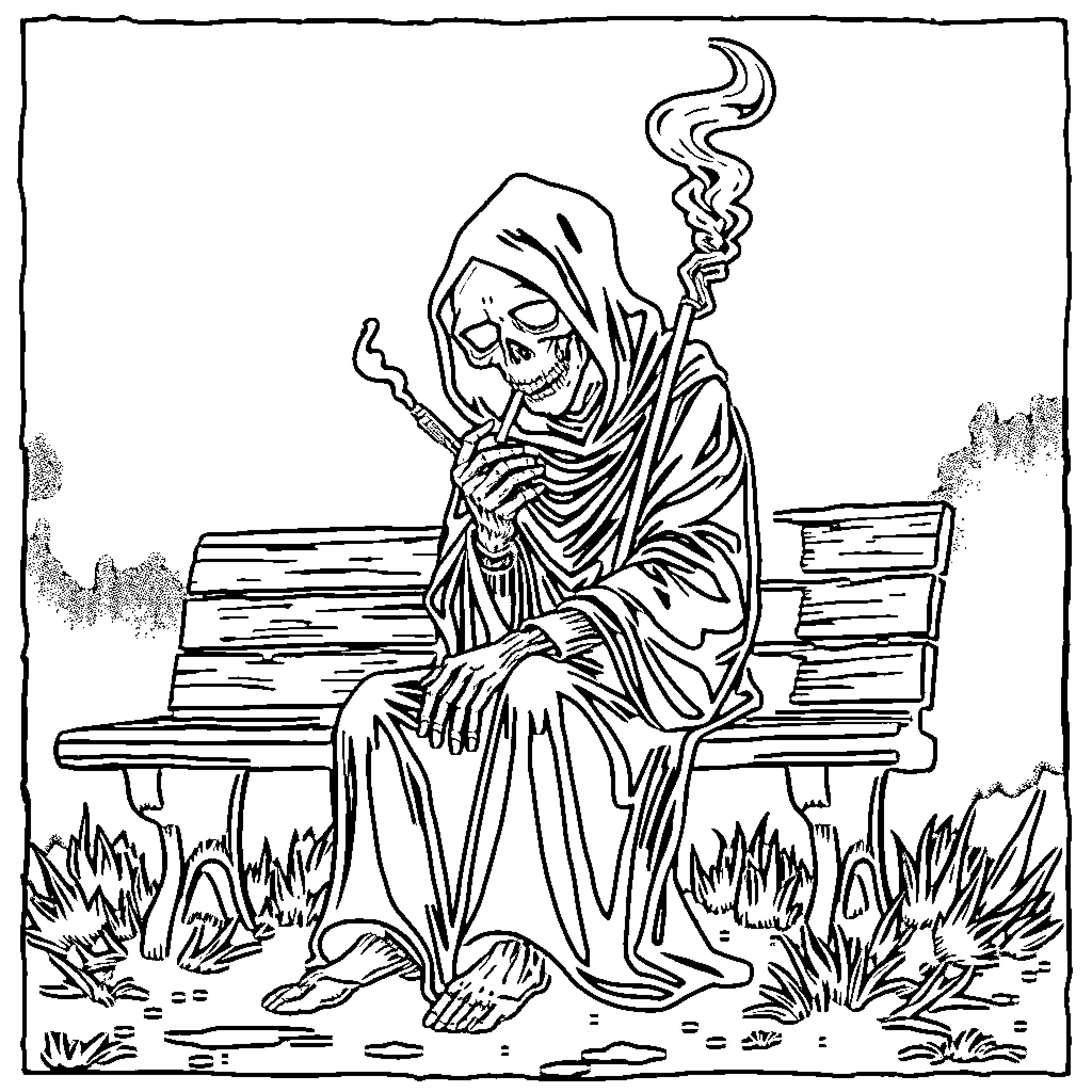 Grim Reaper Resting on a Bench in a Gloomy Landscape Coloring Page (free black-and-white line drawing printable PDF for all, from beginners to advanced learners, including children, teens, adults, and seniors)