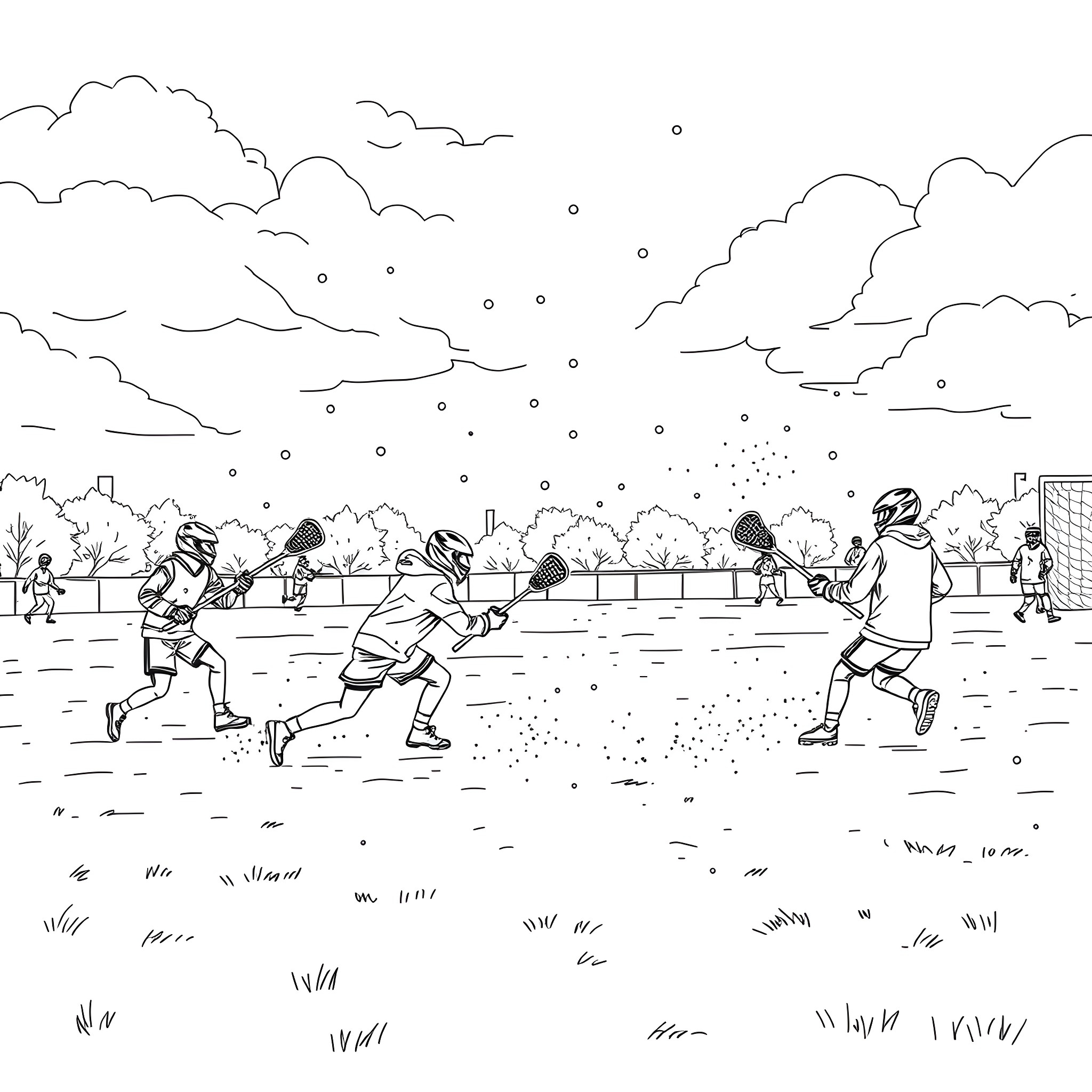 Lacrosse players in action on the field Coloring Page (free black-and-white line drawing printable PDF for all, from beginners to advanced learners, including children, teens, adults, and seniors)