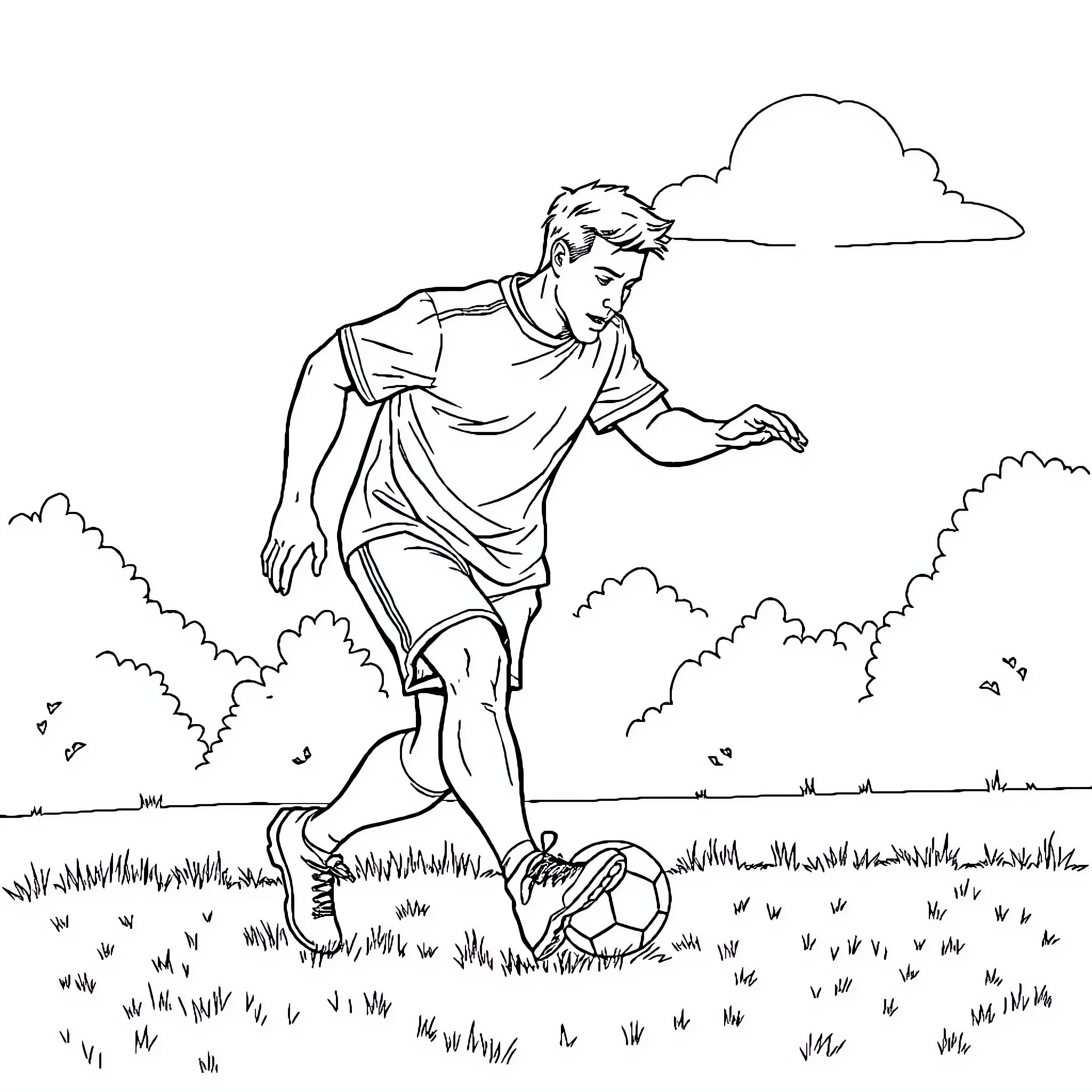 Homme playing with soccer ball in grassy field Coloring Page (free black-and-white line drawing printable PDF for all, from beginners to advanced learners, including children, teens, adults, and seniors)
