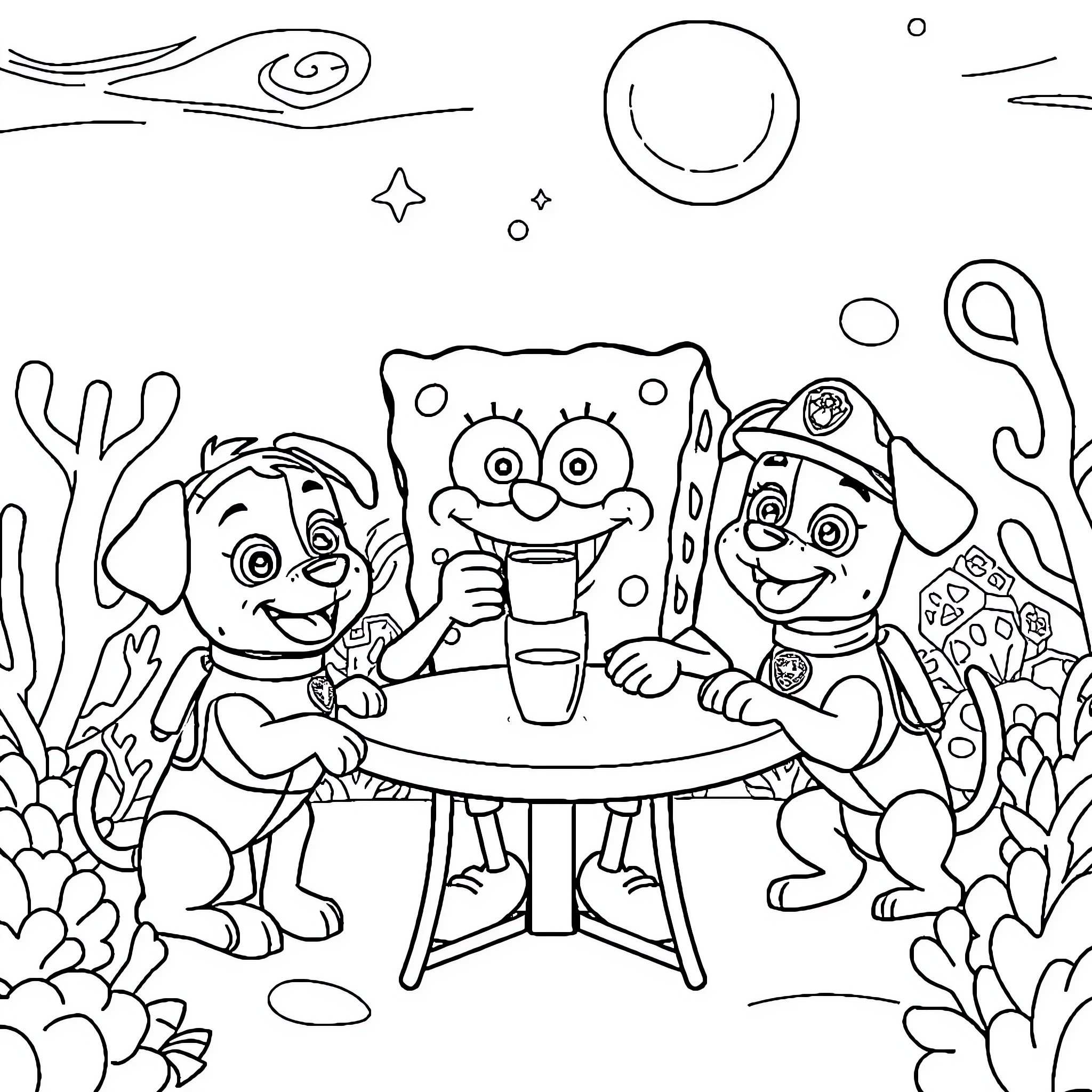 Spongebob and friends enjoying a fun picnic Coloring Page (free black-and-white line drawing printable PDF for all, from beginners to advanced learners, including children, teens, adults, and seniors)