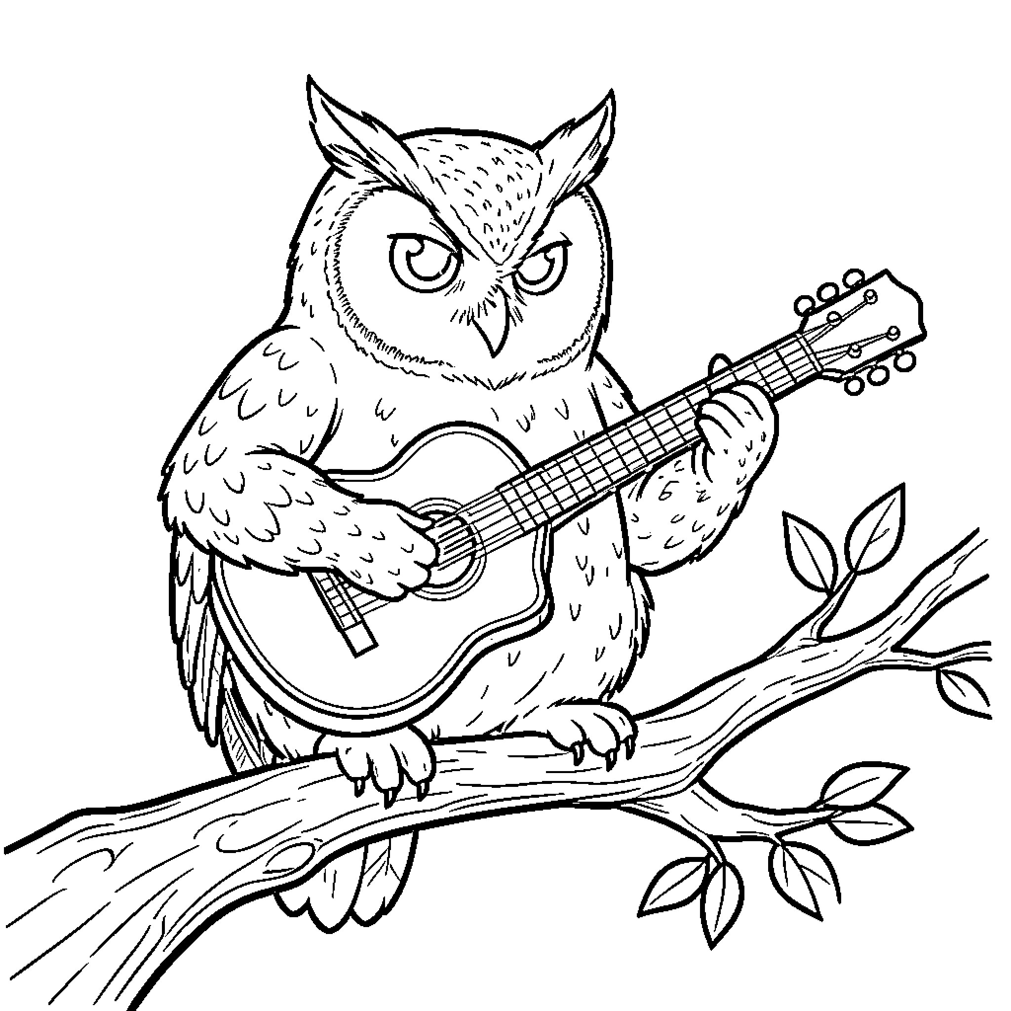 Owl playing an acoustic guitar while sitting on a branch Coloring Page (free black-and-white line drawing printable PDF for all, from beginners to advanced learners, including children, teens, adults, and seniors)