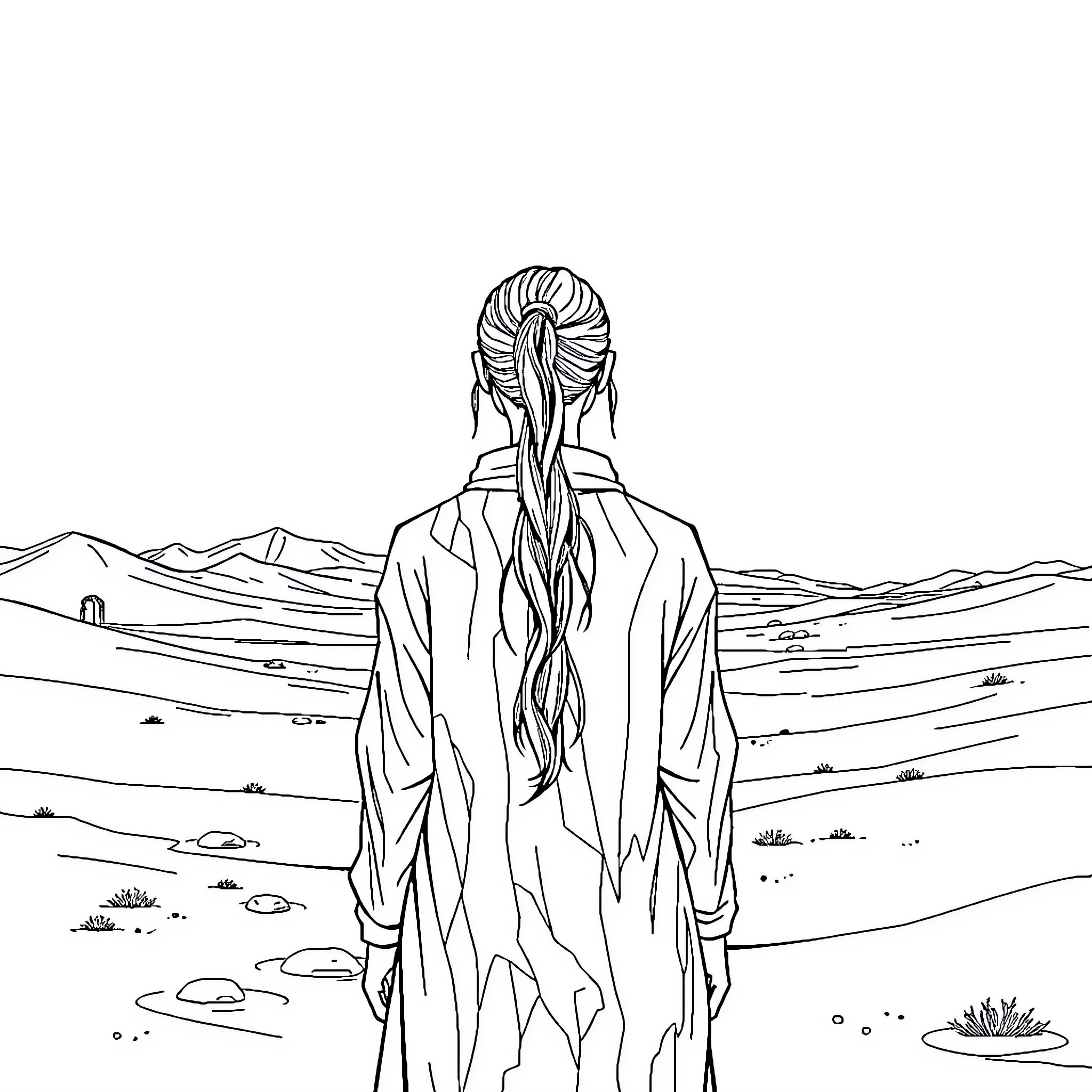 Person standing in contemplative pose in desert landscape Coloring Page (free black-and-white line drawing printable PDF for all, from beginners to advanced learners, including children, teens, adults, and seniors)