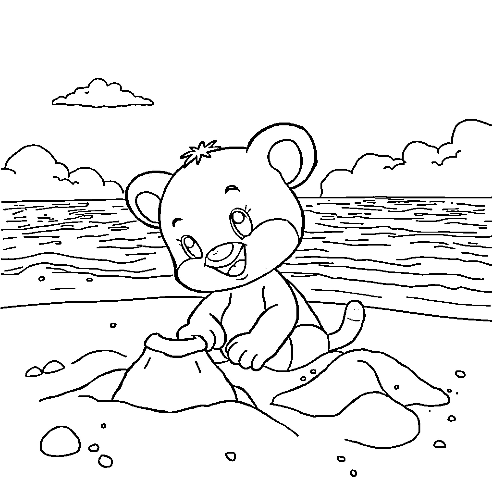 Bluey exploring the sandy beach Coloring Page (free black-and-white line drawing printable PDF for all, from beginners to advanced learners, including children, teens, adults, and seniors)