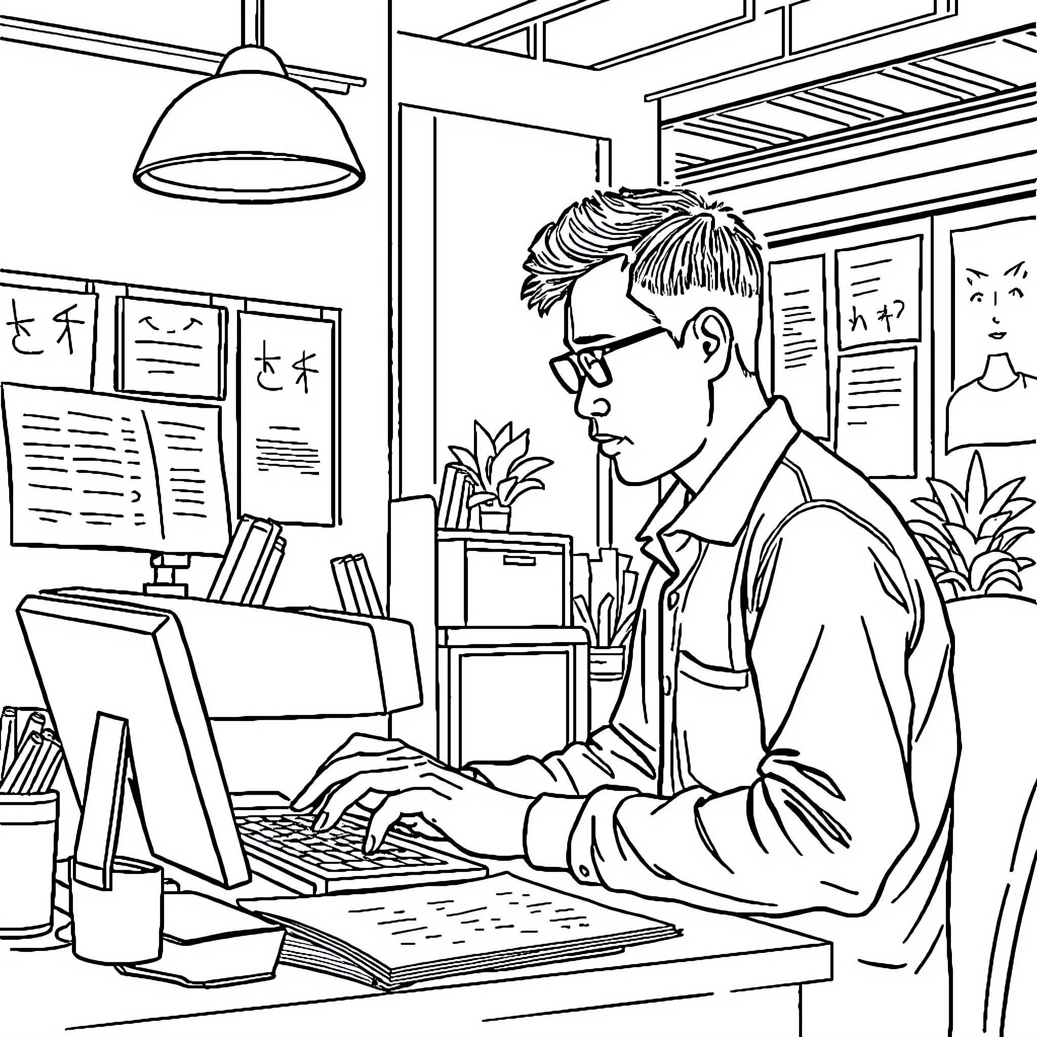 Orang working diligently at desk in office setting Coloring Page (free black-and-white line drawing printable PDF for all, from beginners to advanced learners, including children, teens, adults, and seniors)