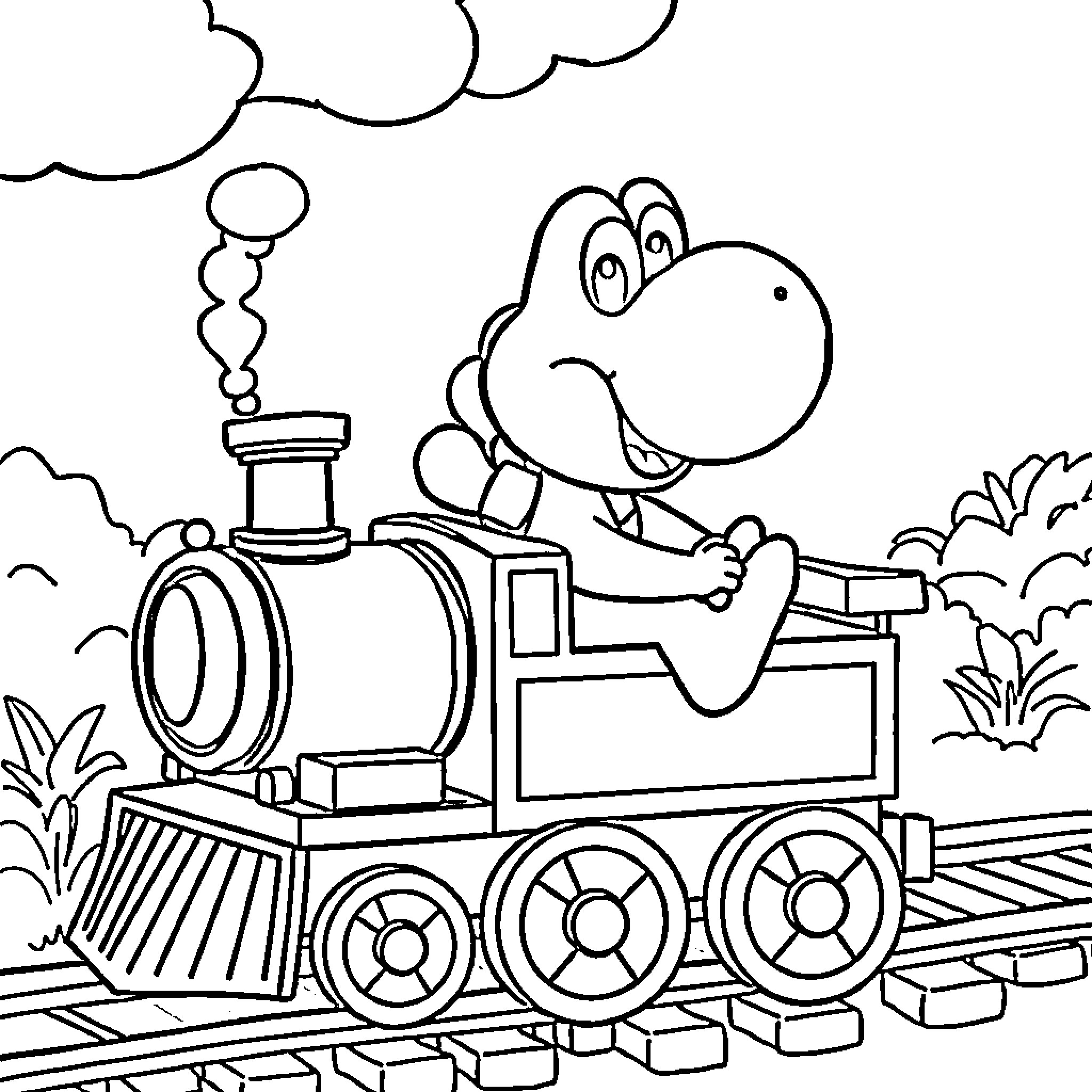 Yoshi riding a playful train through the countryside Coloring Page (free black-and-white line drawing printable PDF for all, from beginners to advanced learners, including children, teens, adults, and seniors)