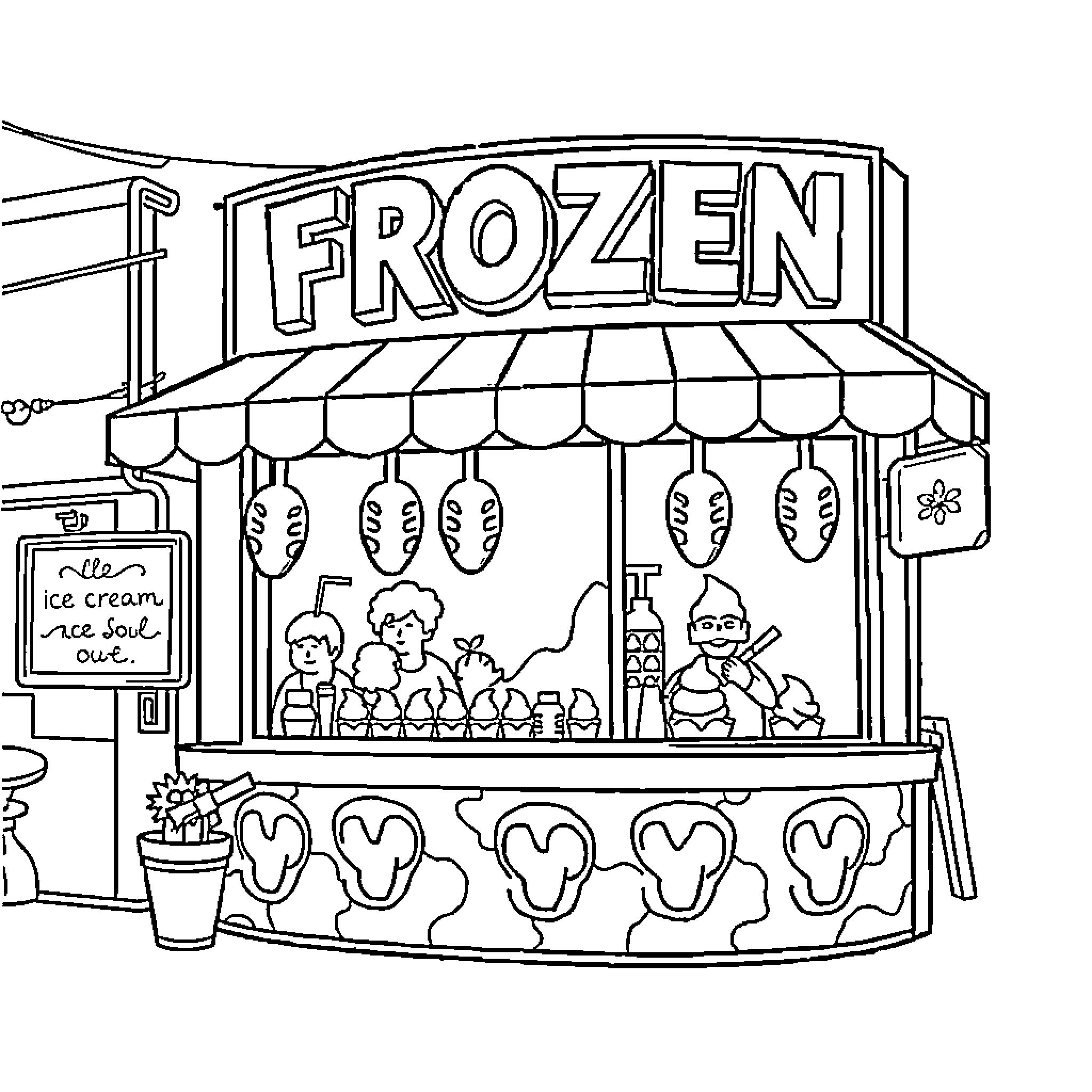 Frozen treats stand on a city street Coloring Page (free black-and-white line drawing printable PDF for all, from beginners to advanced learners, including children, teens, adults, and seniors)