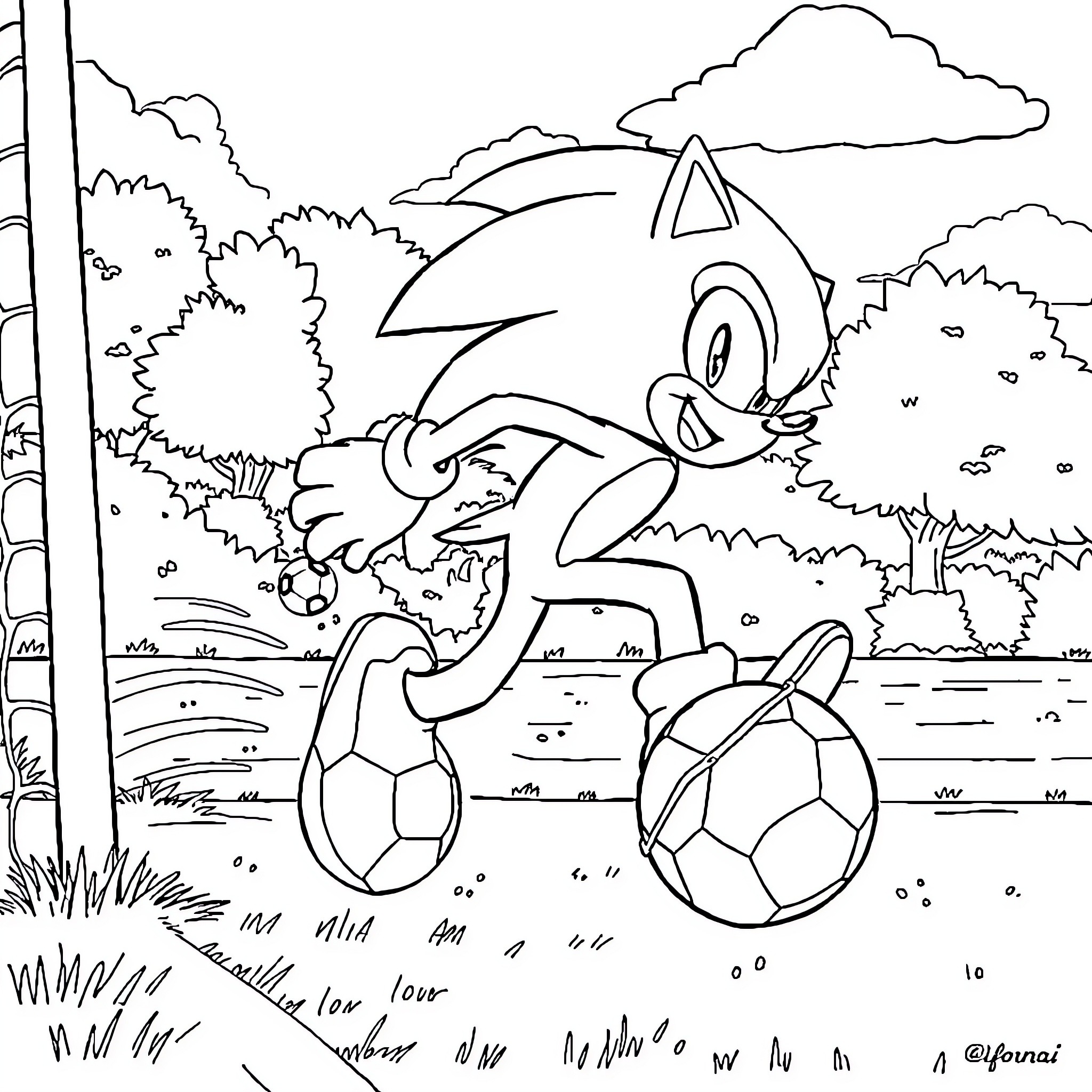 Sonic playing with soccer ball in outdoor scene Coloring Page (free black-and-white line drawing printable PDF for all, from beginners to advanced learners, including children, teens, adults, and seniors)