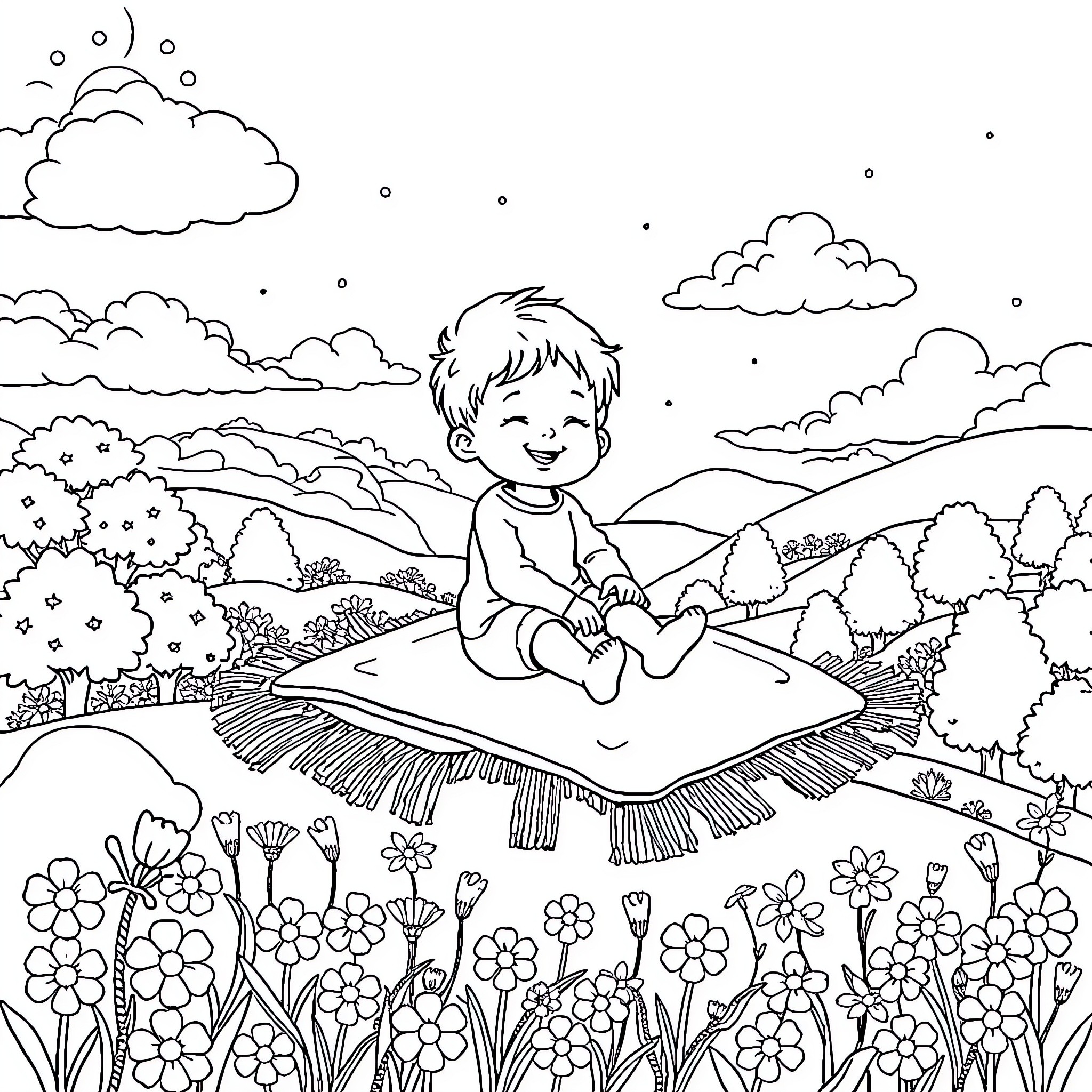 Child playing joyfully in a scenic meadow Coloring Page (free black-and-white line drawing printable PDF for all, from beginners to advanced learners, including children, teens, adults, and seniors)