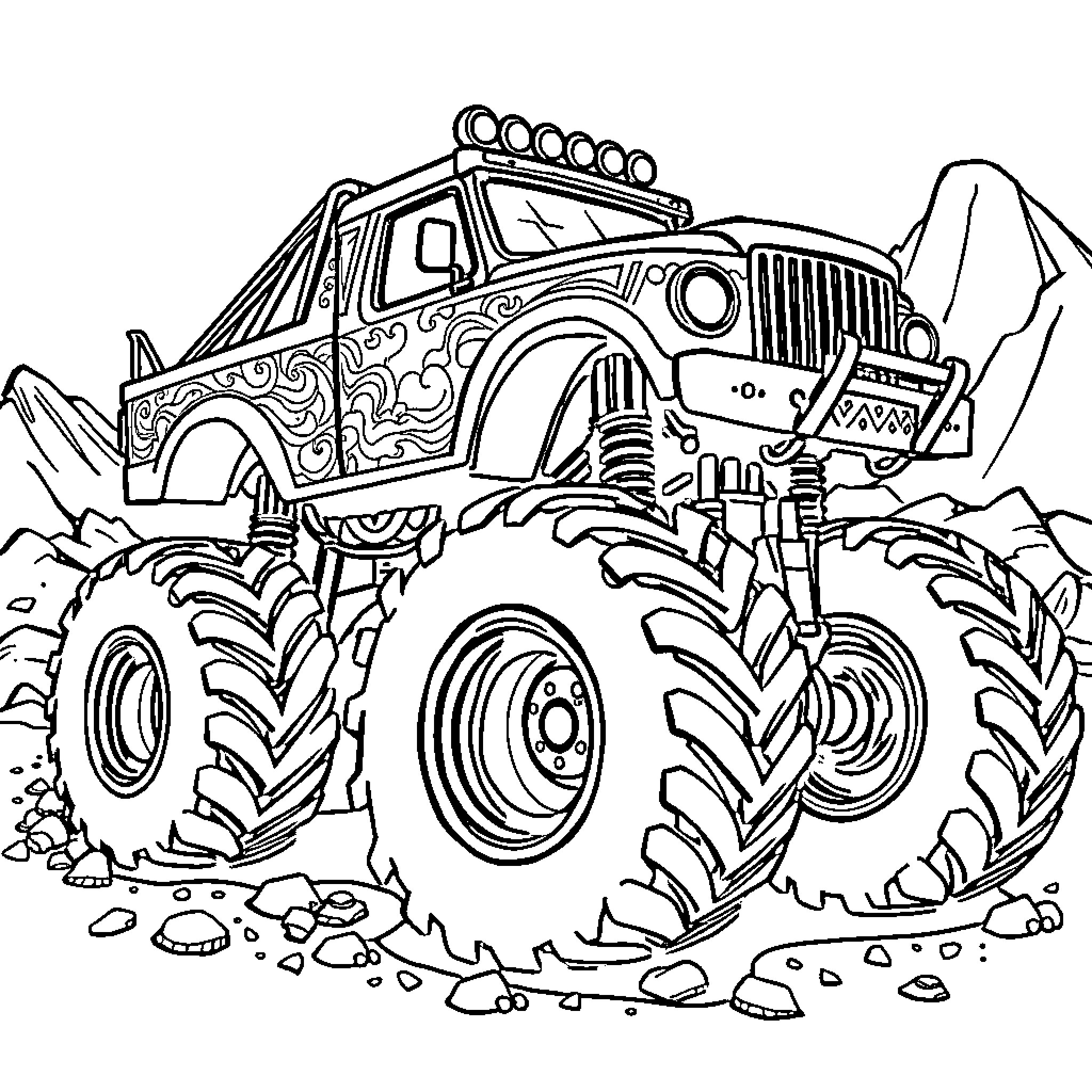 Monster Truck Navigating Rugged Terrain Coloring Page (free black-and-white line drawing printable PDF for all, from beginners to advanced learners, including children, teens, adults, and seniors)