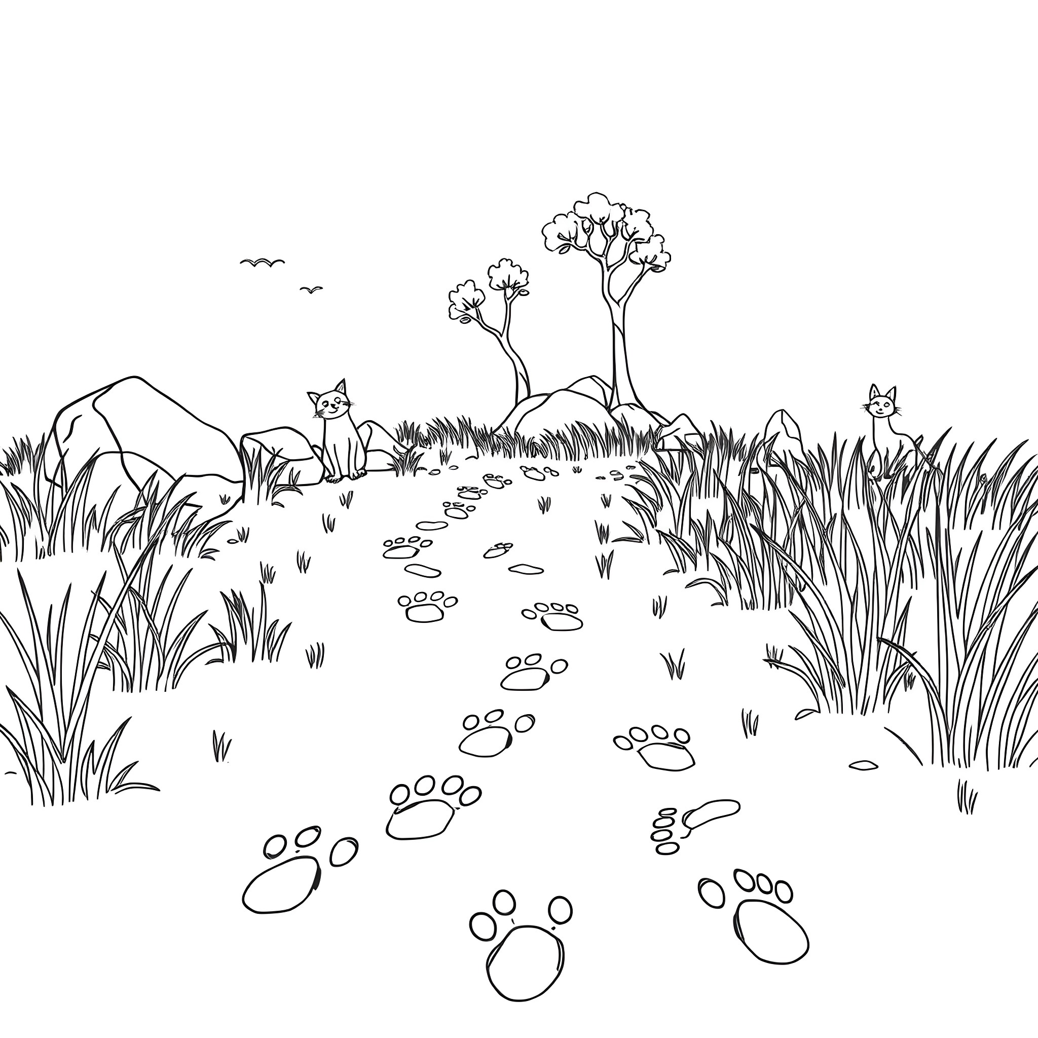 Animal Footprint in the Grassy Landscape Coloring Page (free black-and-white line drawing printable PDF for all, from beginners to advanced learners, including children, teens, adults, and seniors)