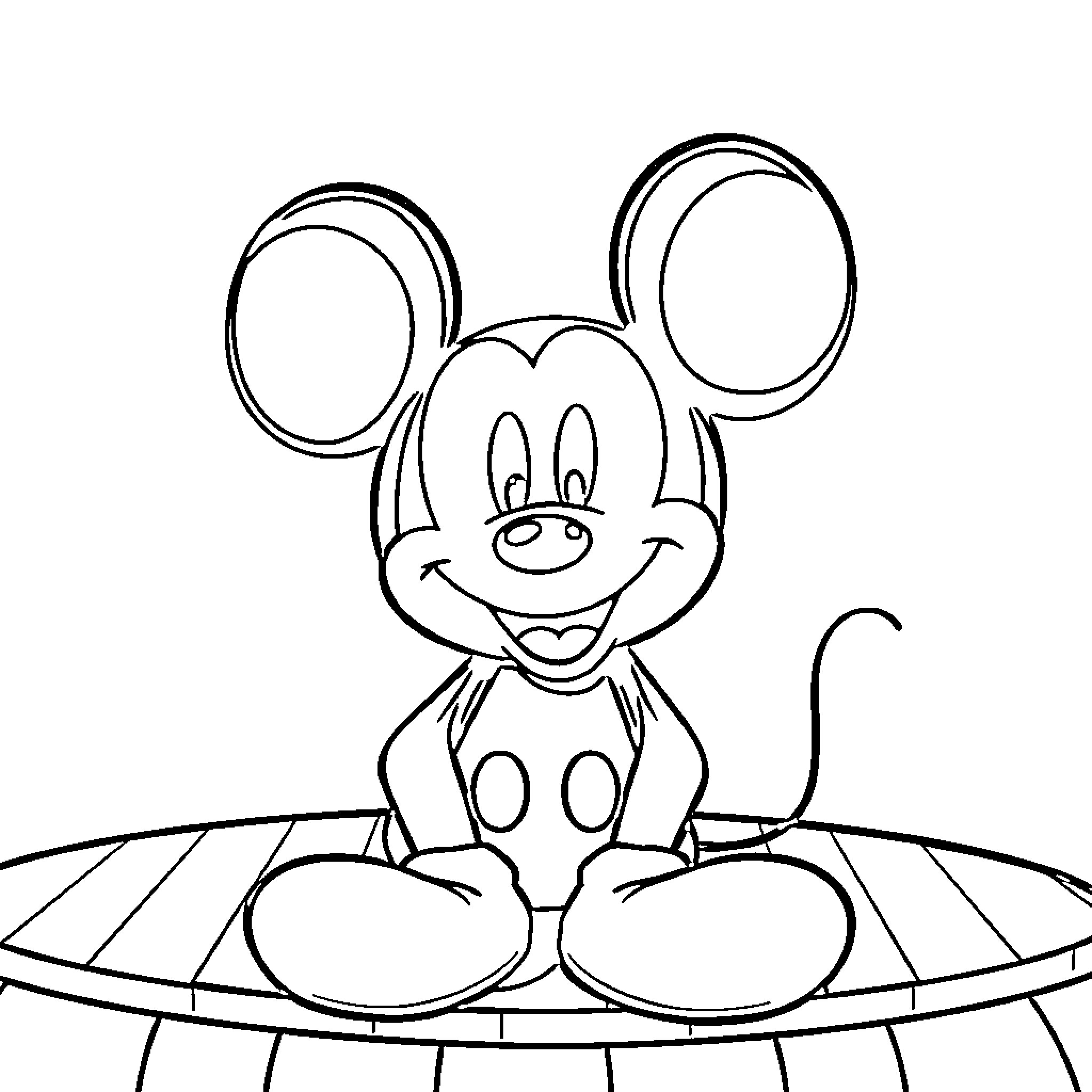 Mickey Mouse sitting on a trampoline Coloring Page (free black-and-white line drawing printable PDF for all, from beginners to advanced learners, including children, teens, adults, and seniors)