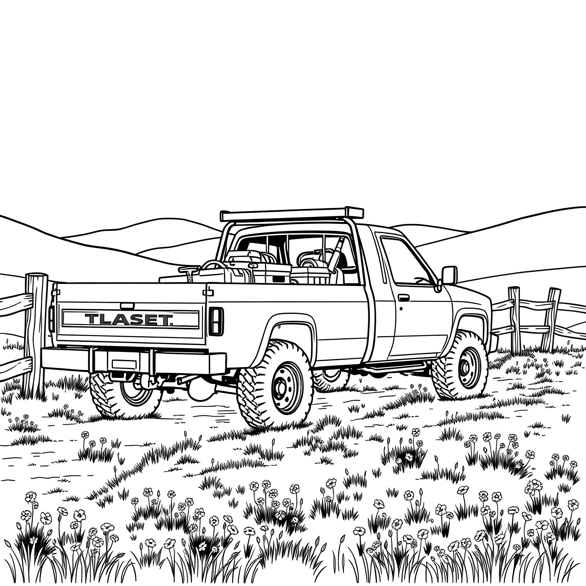 Truck carrying equipment in the countryside Coloring Page (free black-and-white line drawing printable PDF for all, from beginners to advanced learners, including children, teens, adults, and seniors)