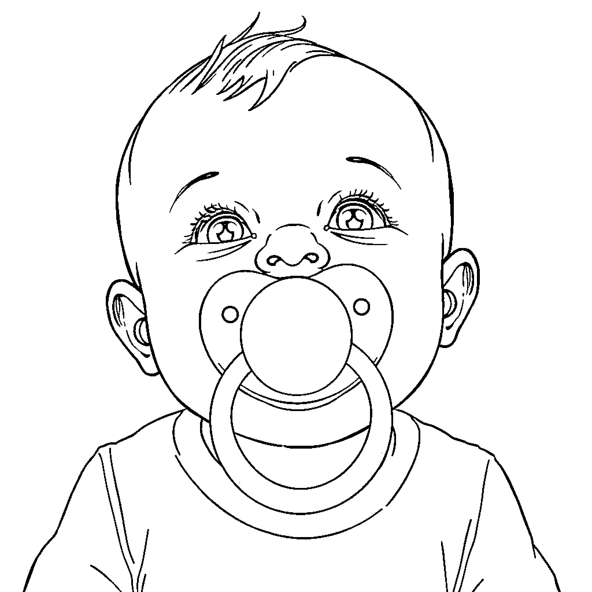 Baby with pacifier and playful expression Coloring Page (free black-and-white line drawing printable PDF for all, from beginners to advanced learners, including children, teens, adults, and seniors)