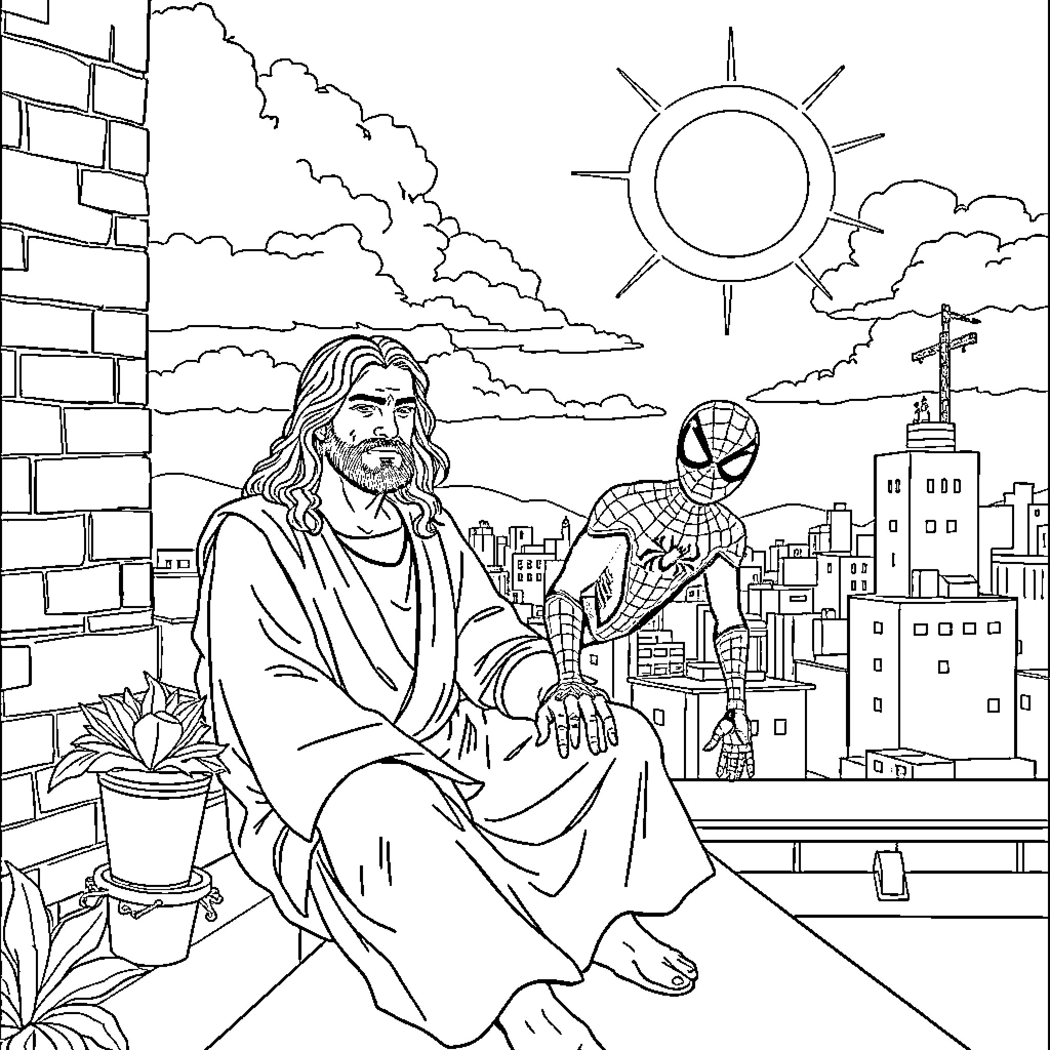 Jesus teaching the Spider-Man in the city Coloring Page (free black-and-white line drawing printable PDF for all, from beginners to advanced learners, including children, teens, adults, and seniors)