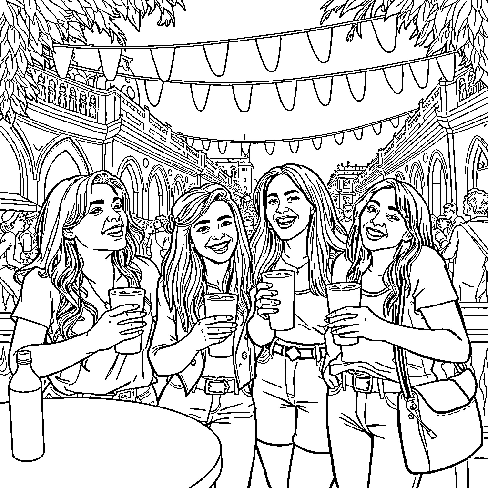 Italian Brainrot: Group of friends enjoying drinks and celebrations Coloring Page (free black-and-white line drawing printable PDF for all, from beginners to advanced learners, including children, teens, adults, and seniors)