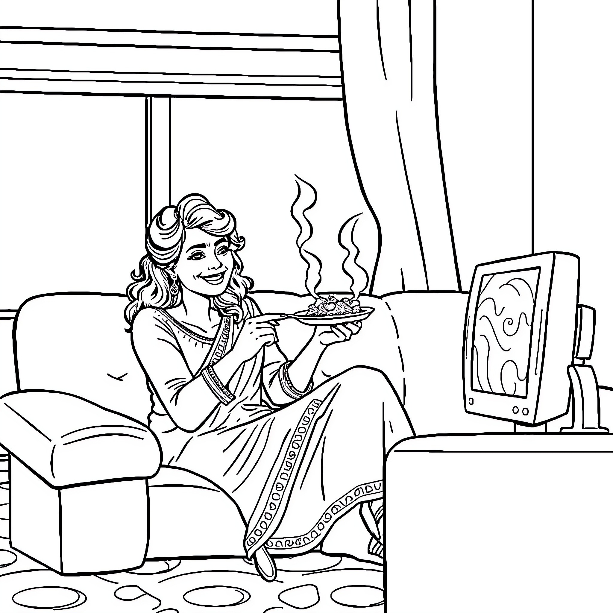 Lady enjoying a cozy evening meal on the couch Coloring Page (free black-and-white line drawing printable PDF for all, from beginners to advanced learners, including children, teens, adults, and seniors)